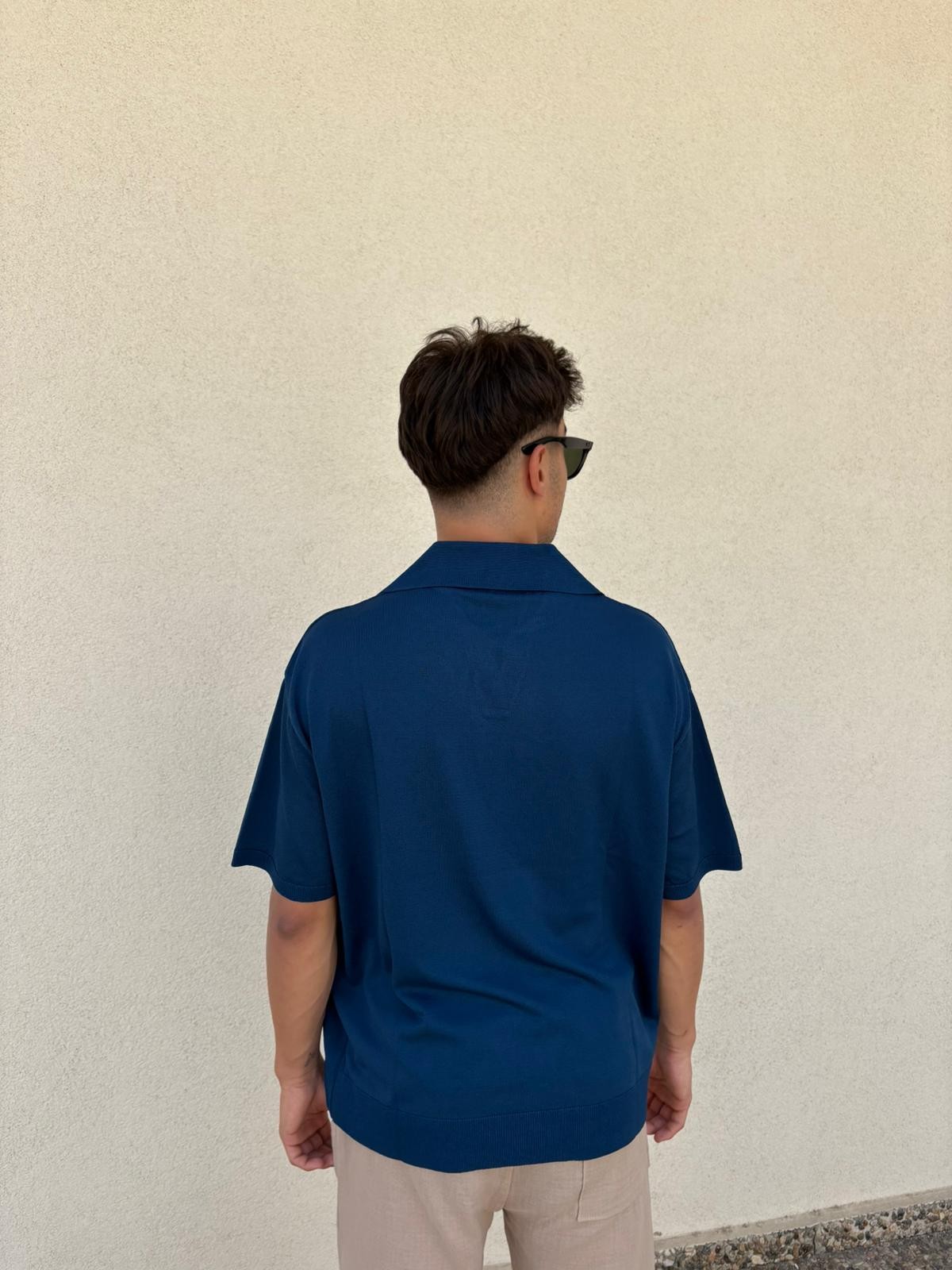 Oversize Patlı Polo Yaka Tişört - İndigo