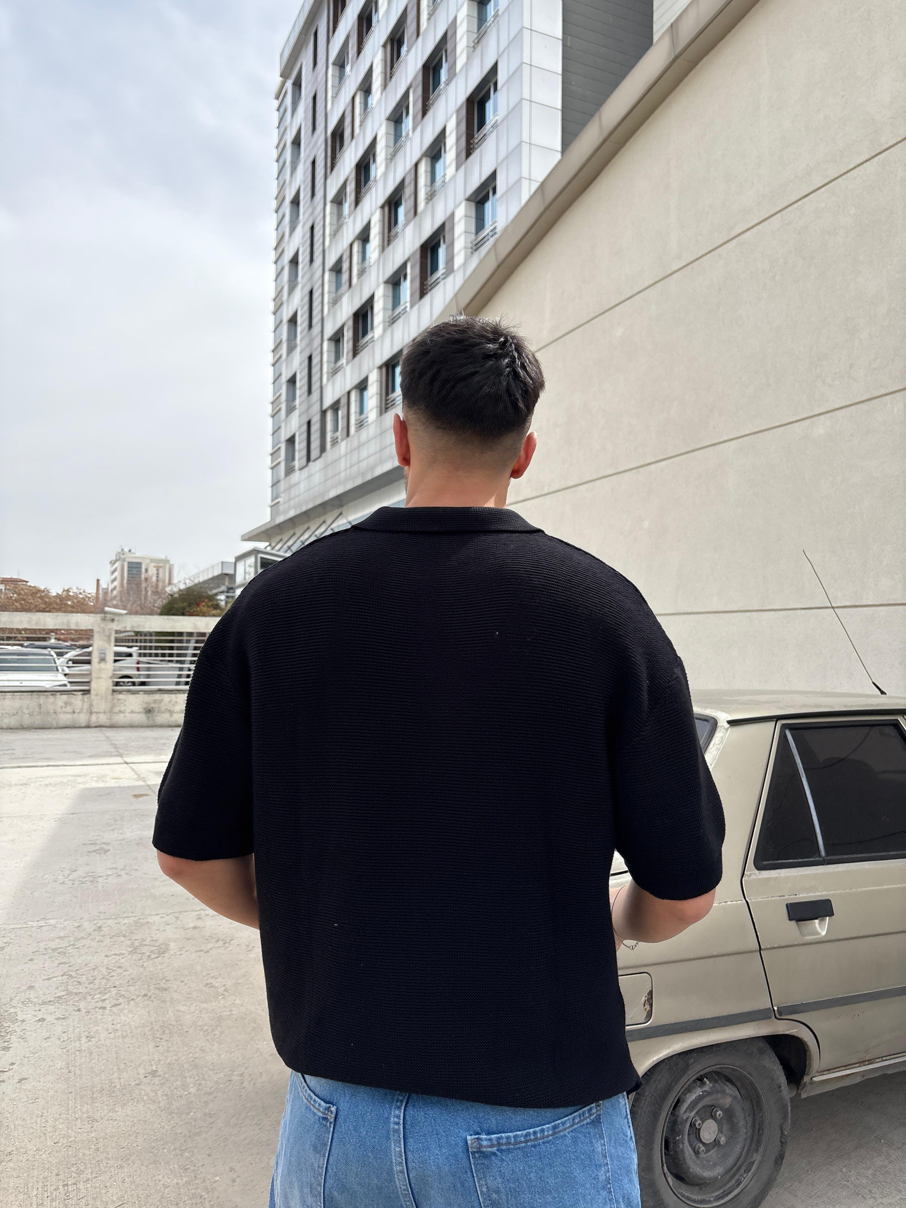 Relaxed Polo Yaka Triko T-shirt- Siyah
