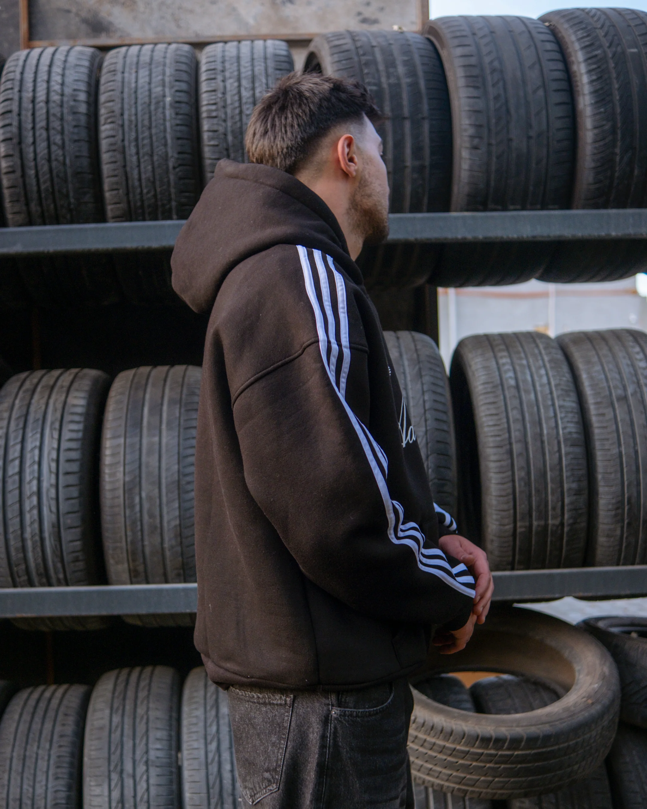 Adventure Çizgili Oversize Hoodie Siyah