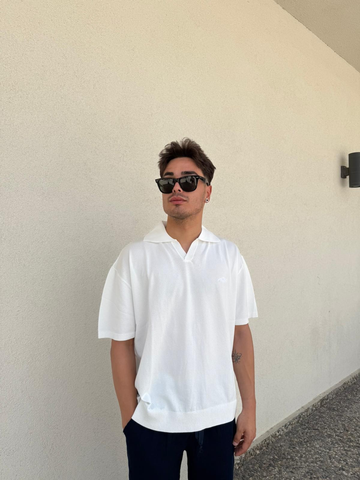 Oversize Patlı Polo Yaka Tişört - Beyaz
