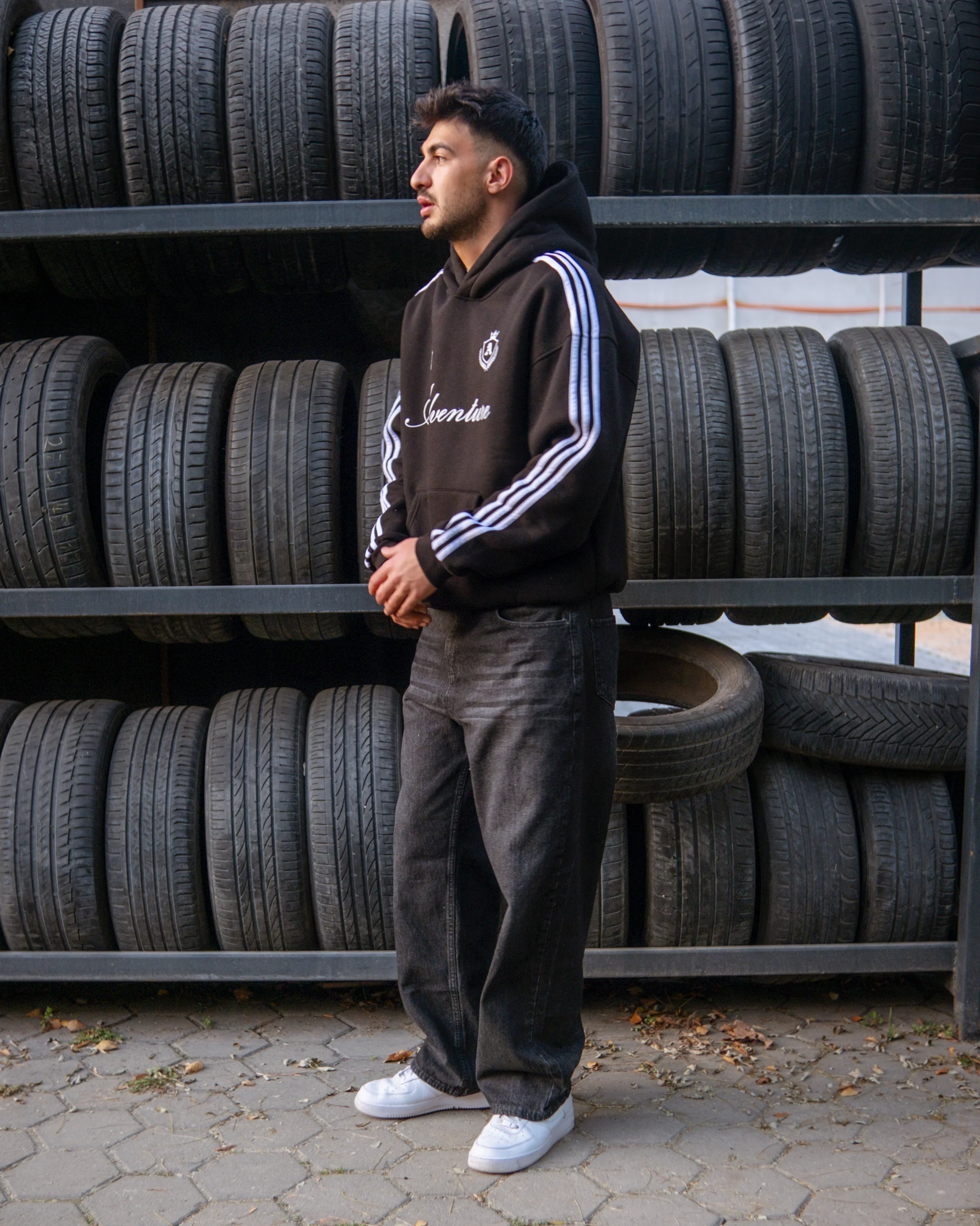 Adventure Çizgili Oversize Hoodie Siyah