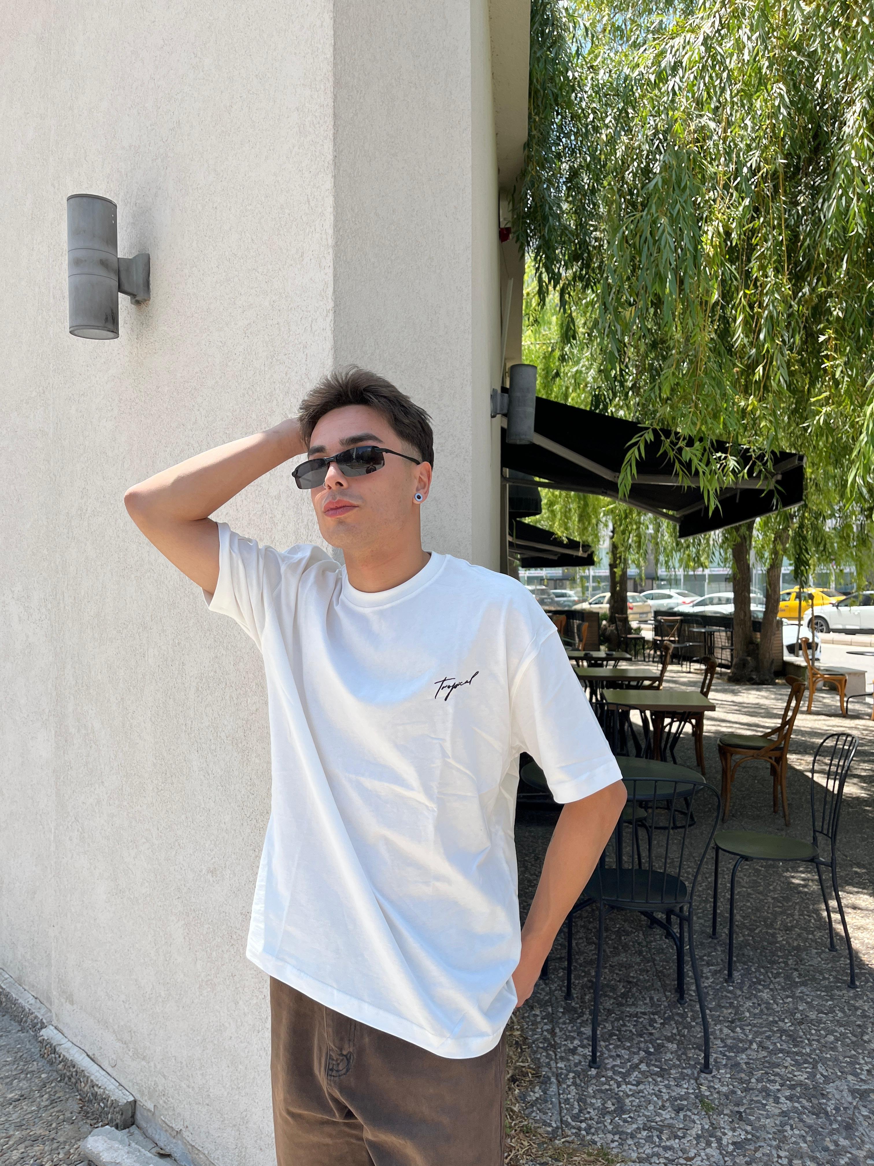 Tropical Printed Ovesize T-Shirt -Beyaz