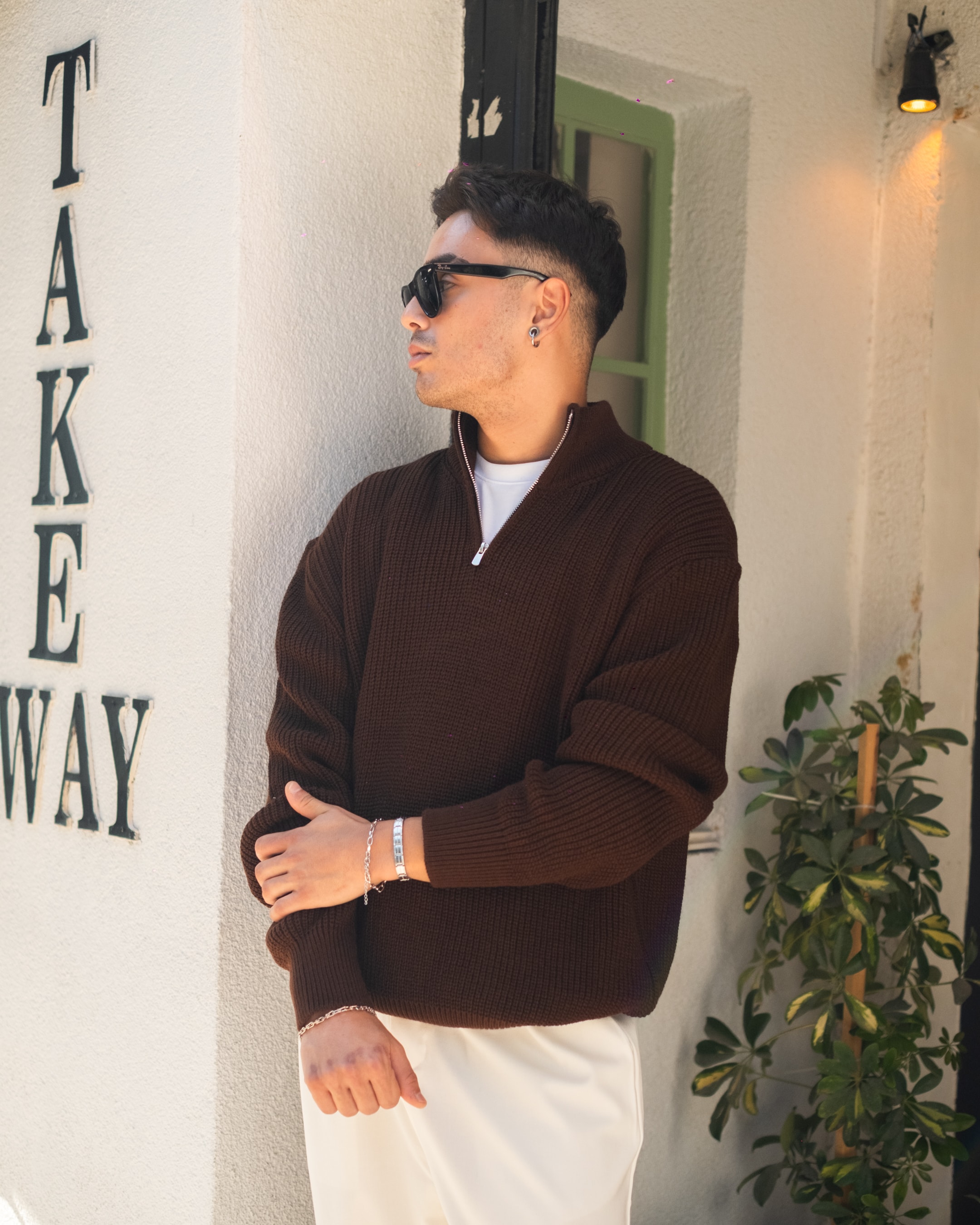 Kahve Half Zip Oversize Triko 