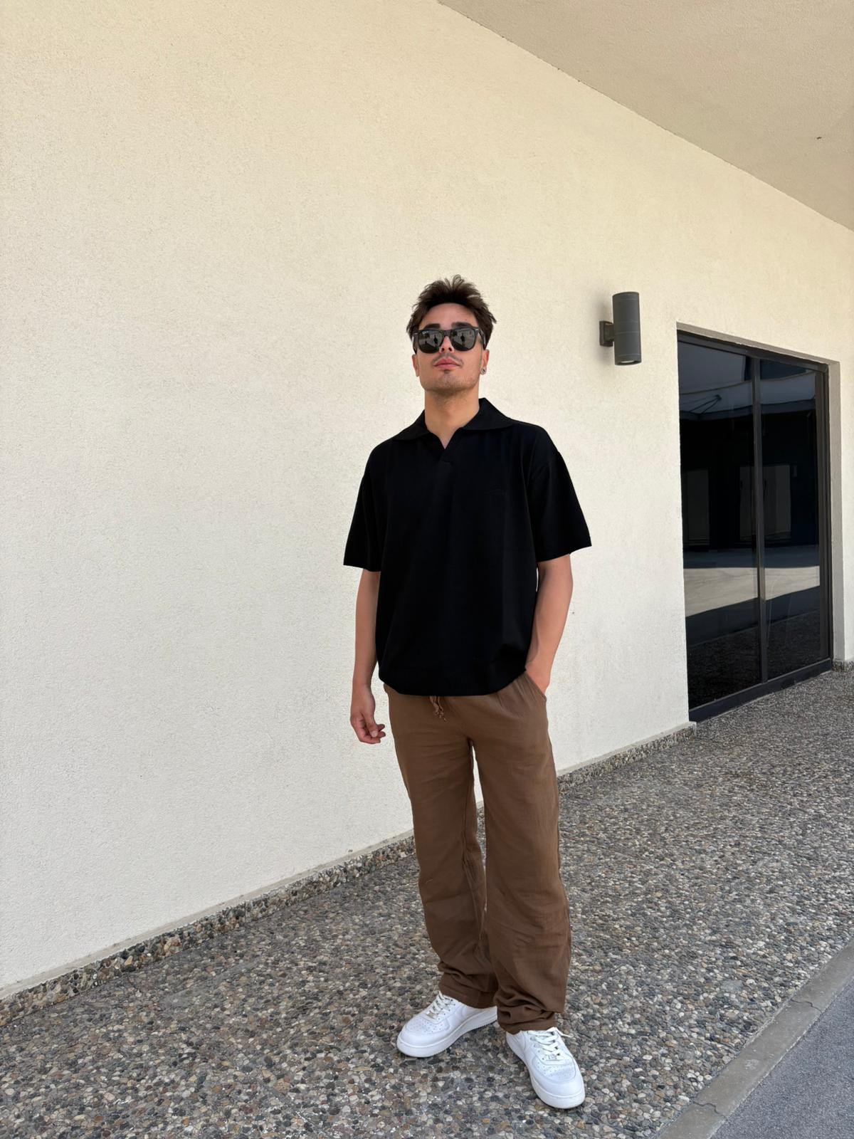 Oversize Patlı Polo Yaka Tişört - Siyah