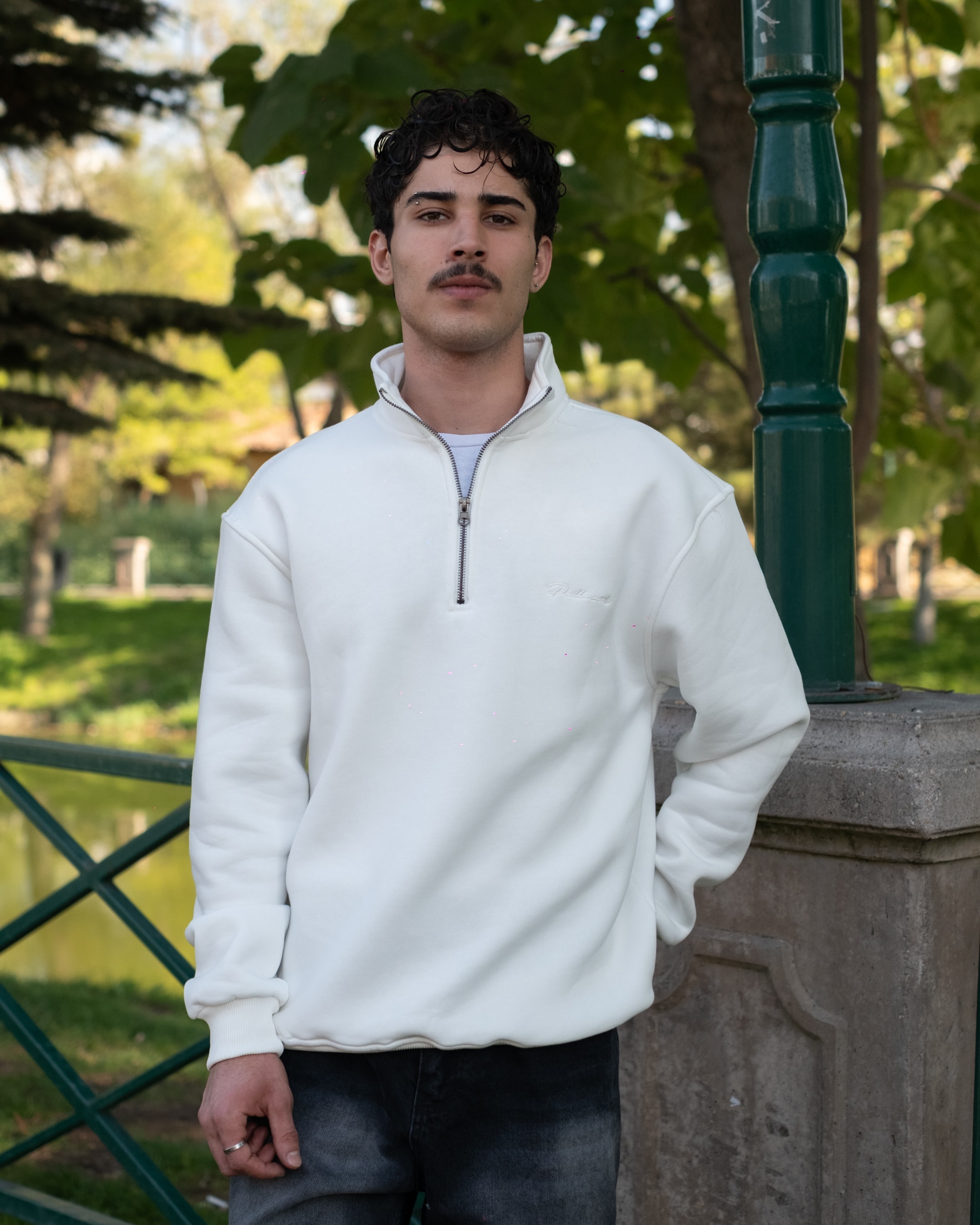 Half Zip Oversize Sweatshirt - Beyaz