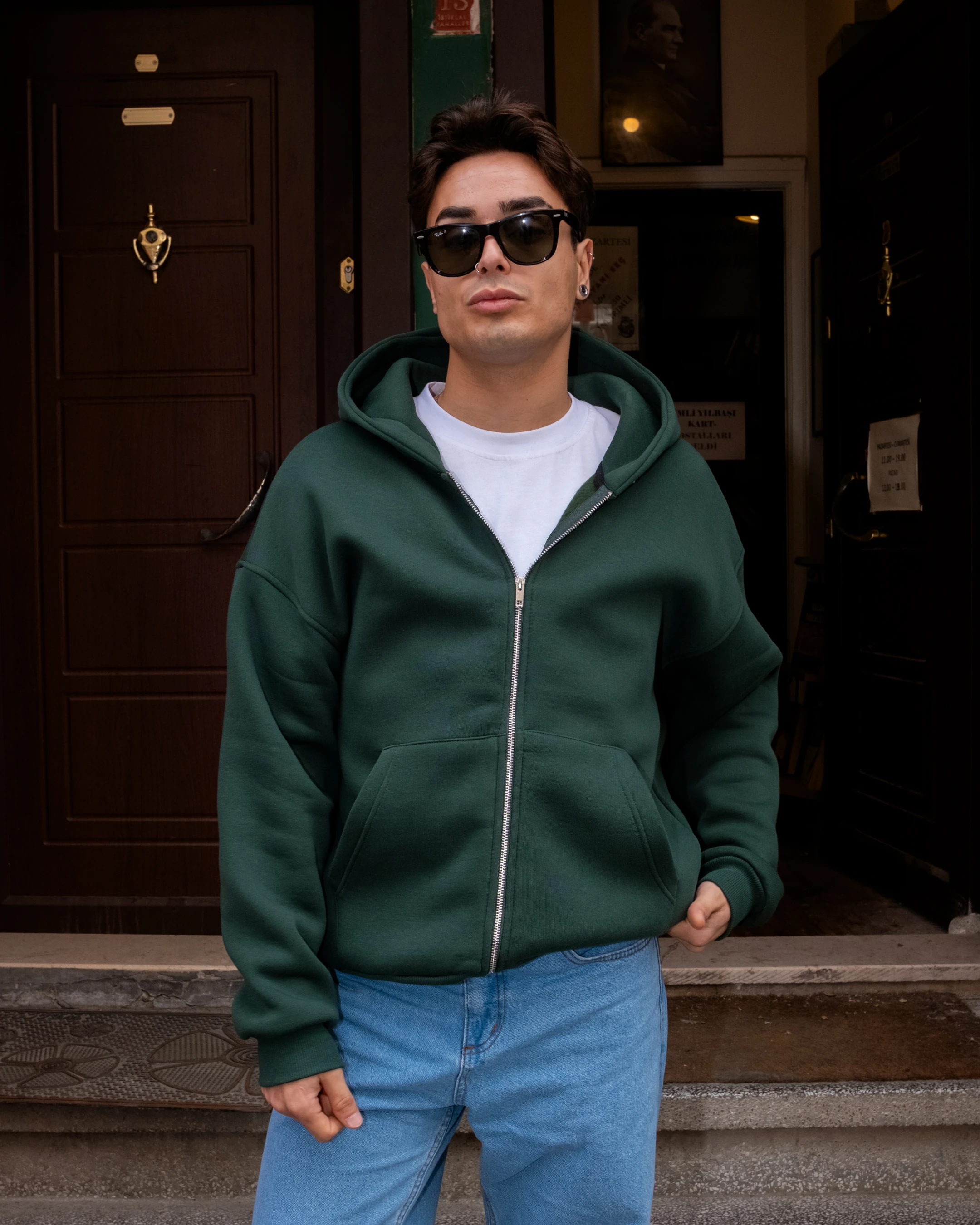 Yeşil Basic Full Zip Oversize Hoodie