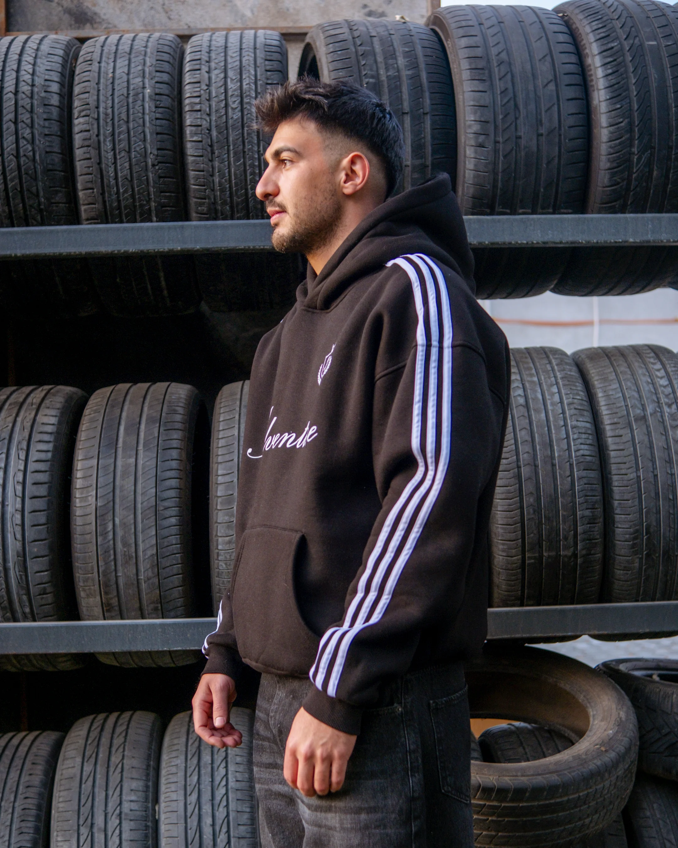 Adventure Çizgili Oversize Hoodie Siyah