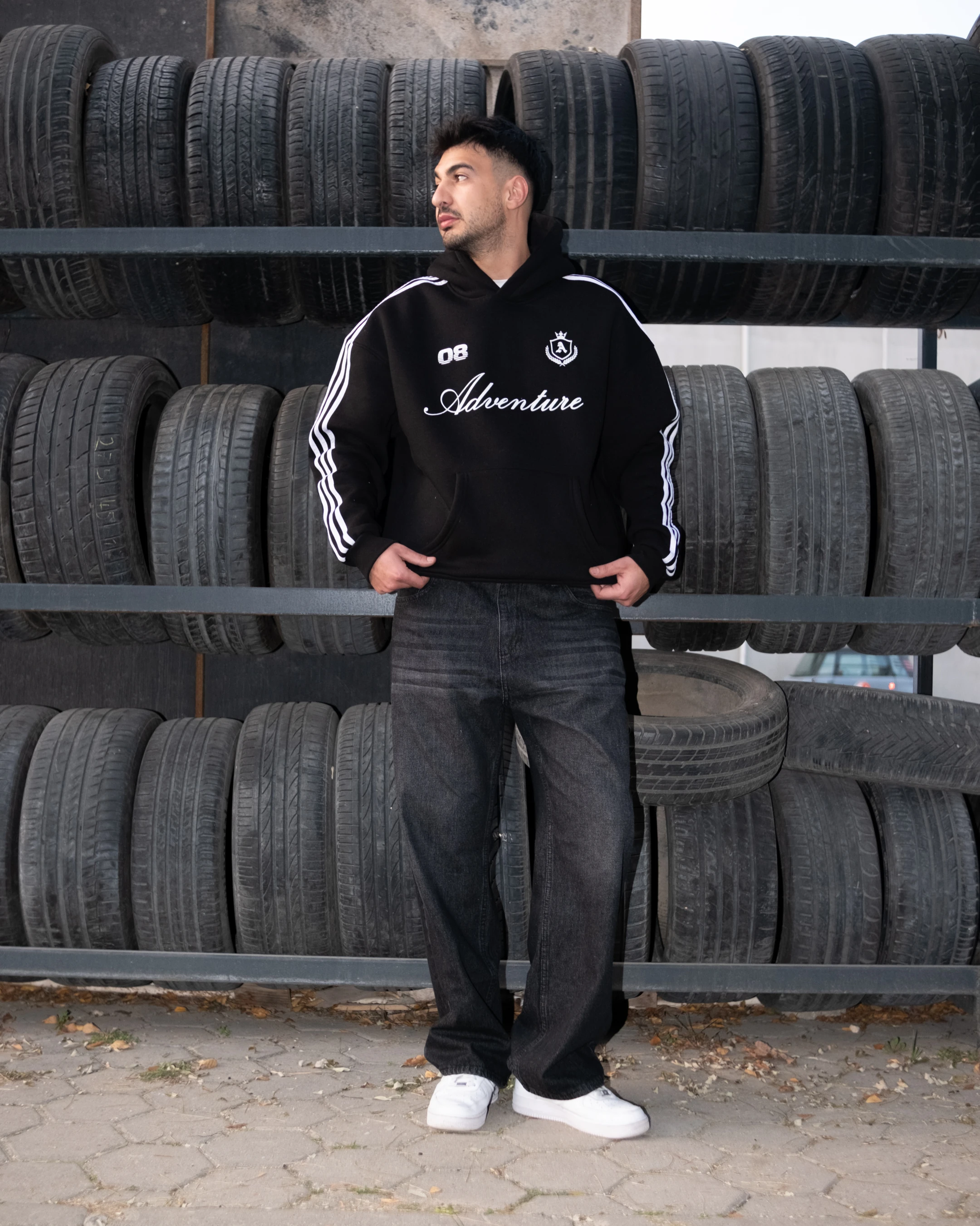 Adventure Çizgili Oversize Hoodie Siyah