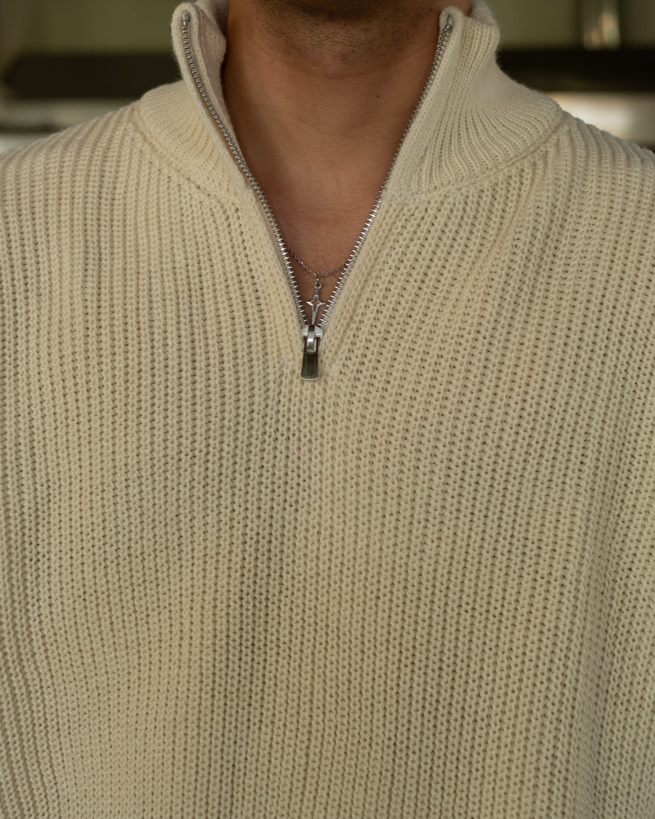 Krem Half Zip Oversize Triko