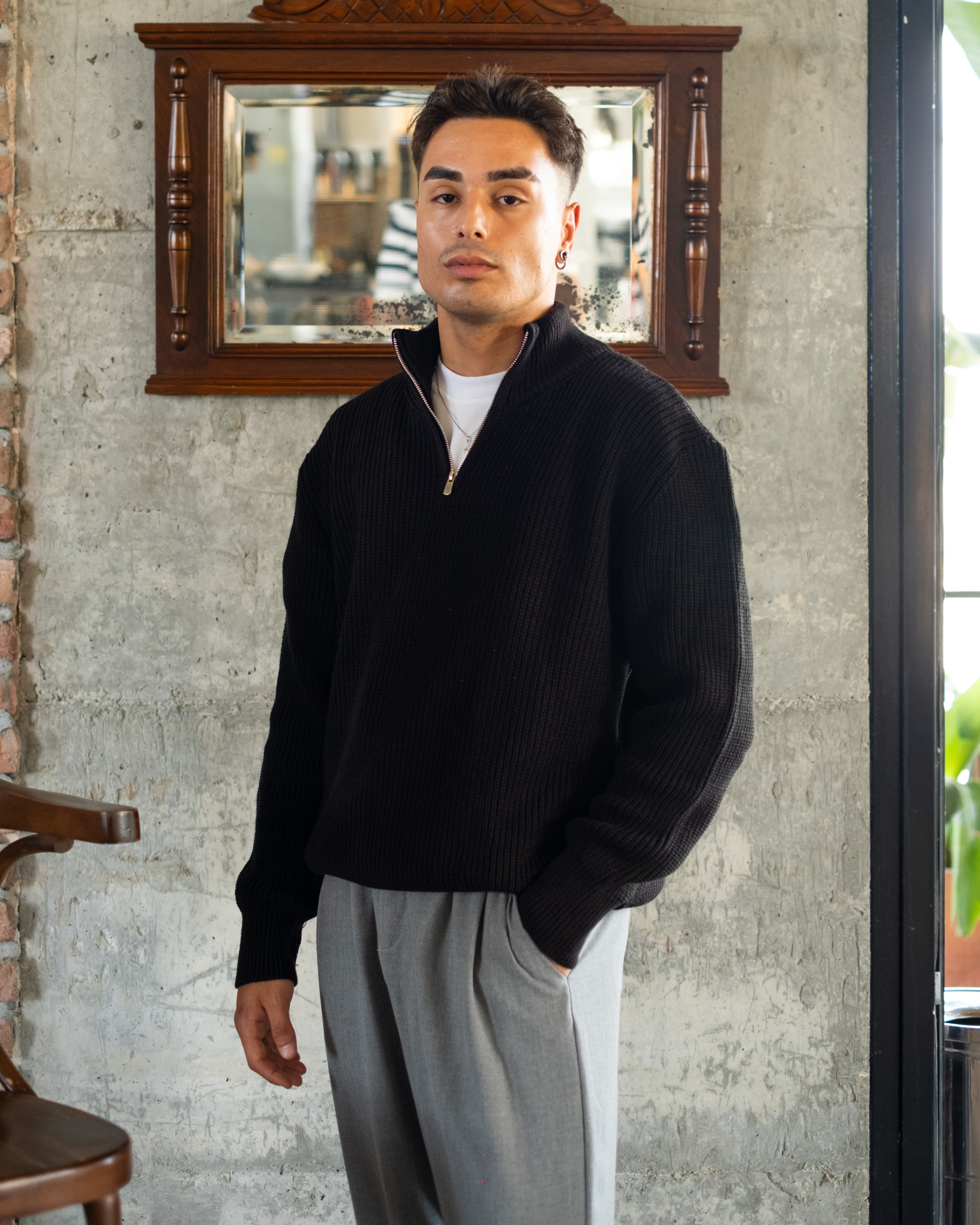 Siyah Half Zip Oversize Triko