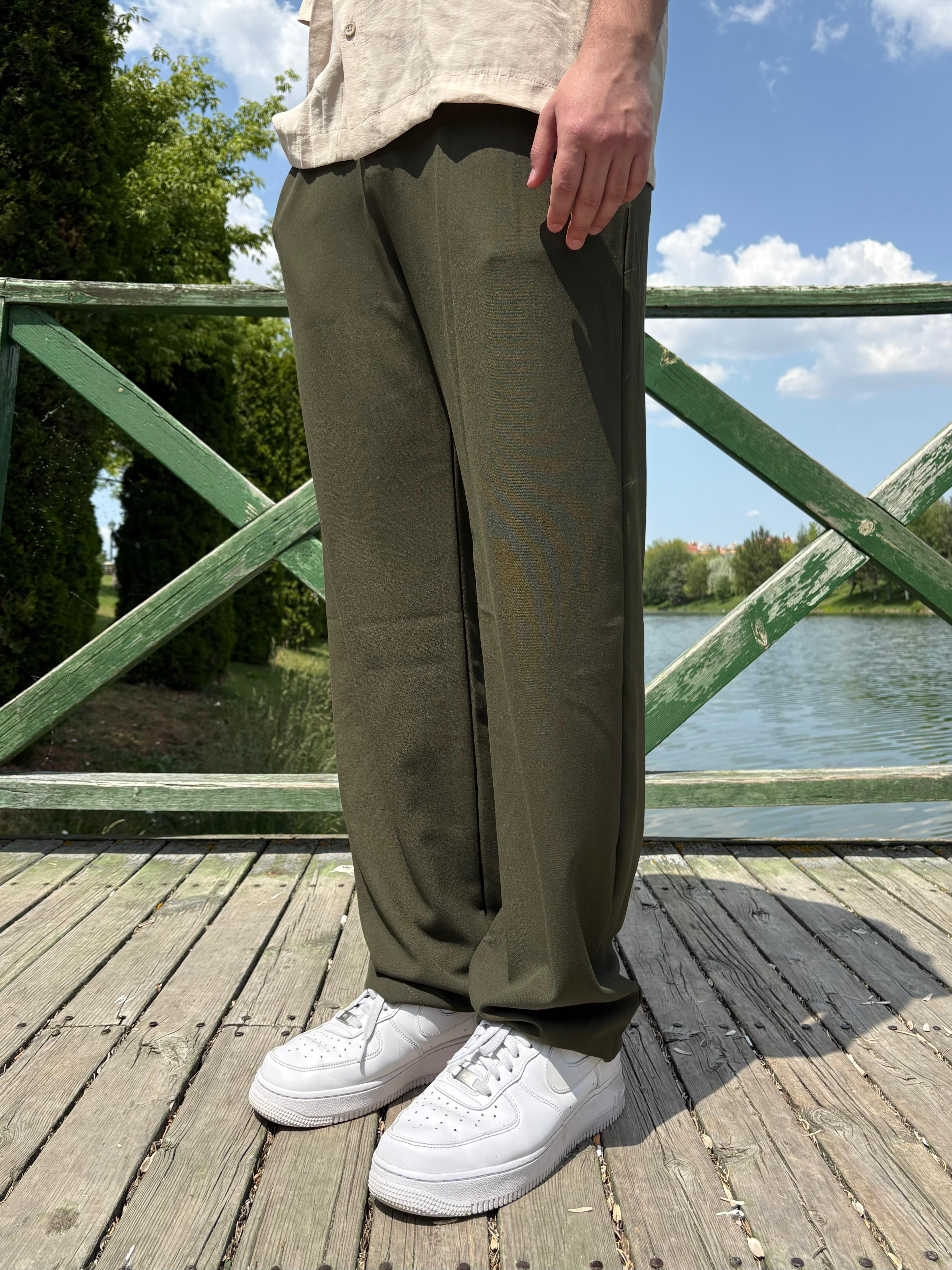 Koyu Haki Basic Baggy Kumaş Pantolon