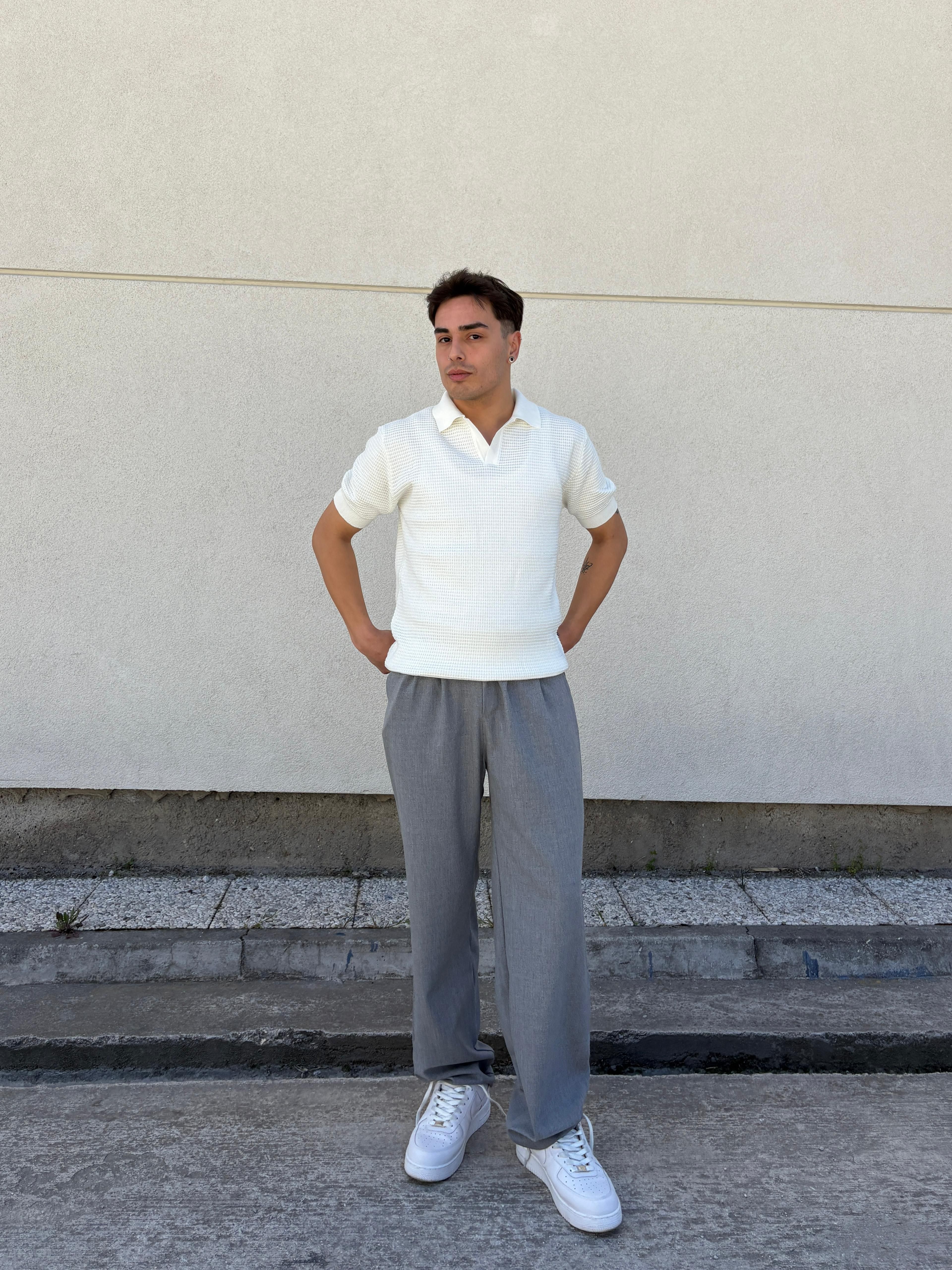 Ajurlu Relaxed Polo Yaka T-Shirt- Ekru