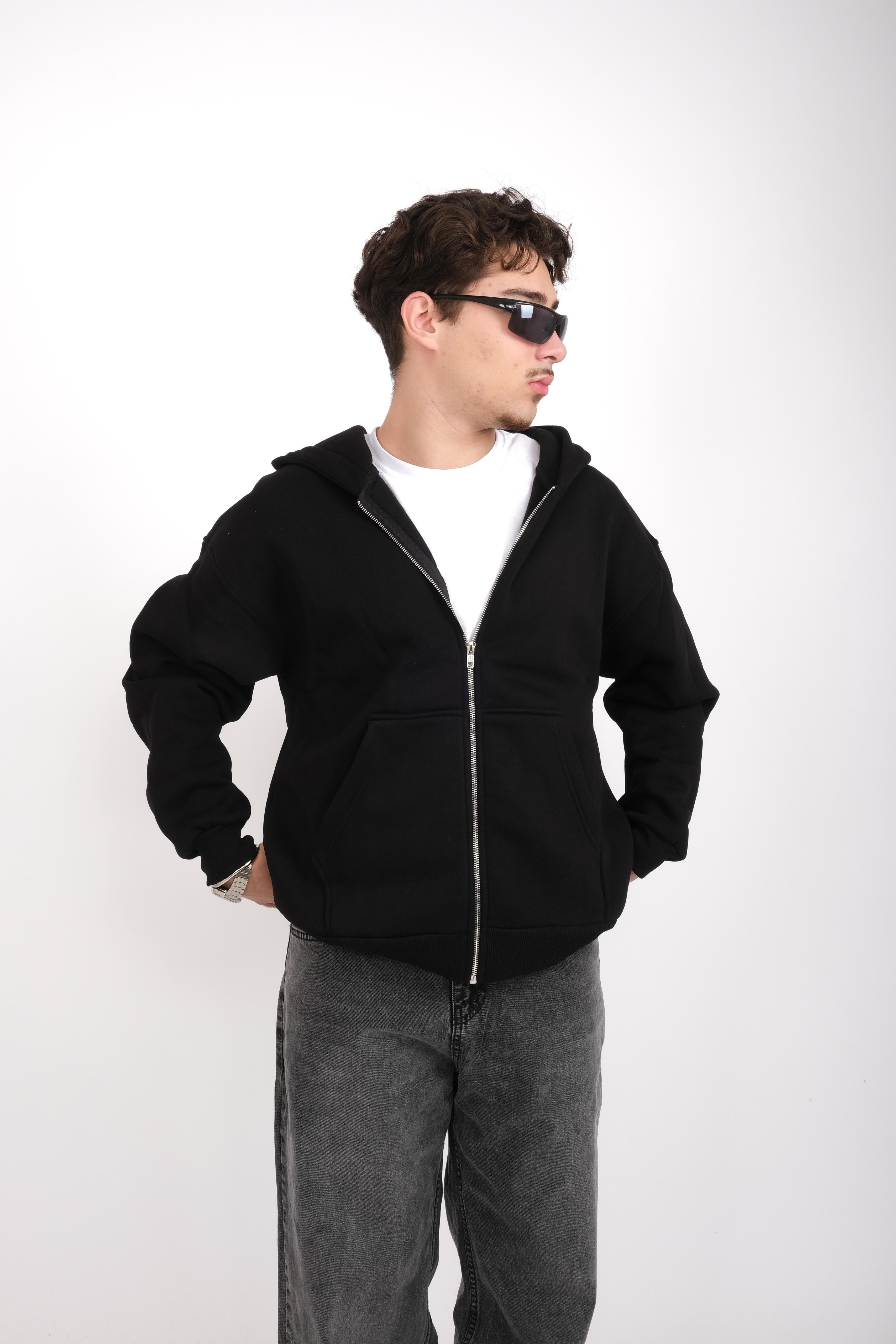 Black Basic Oversize Full Zip Hoodie