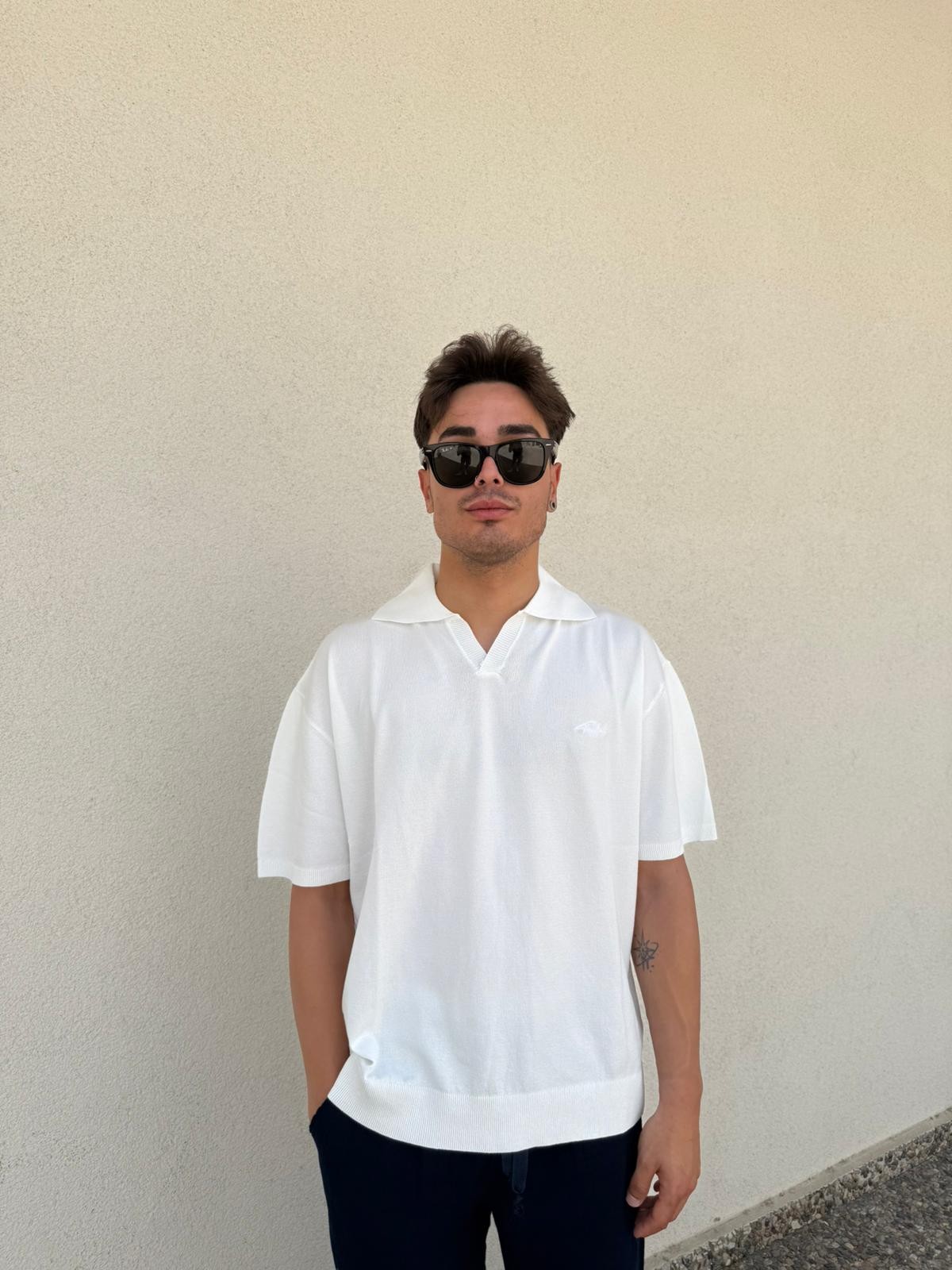 Oversize Patlı Polo Yaka Tişört - Beyaz