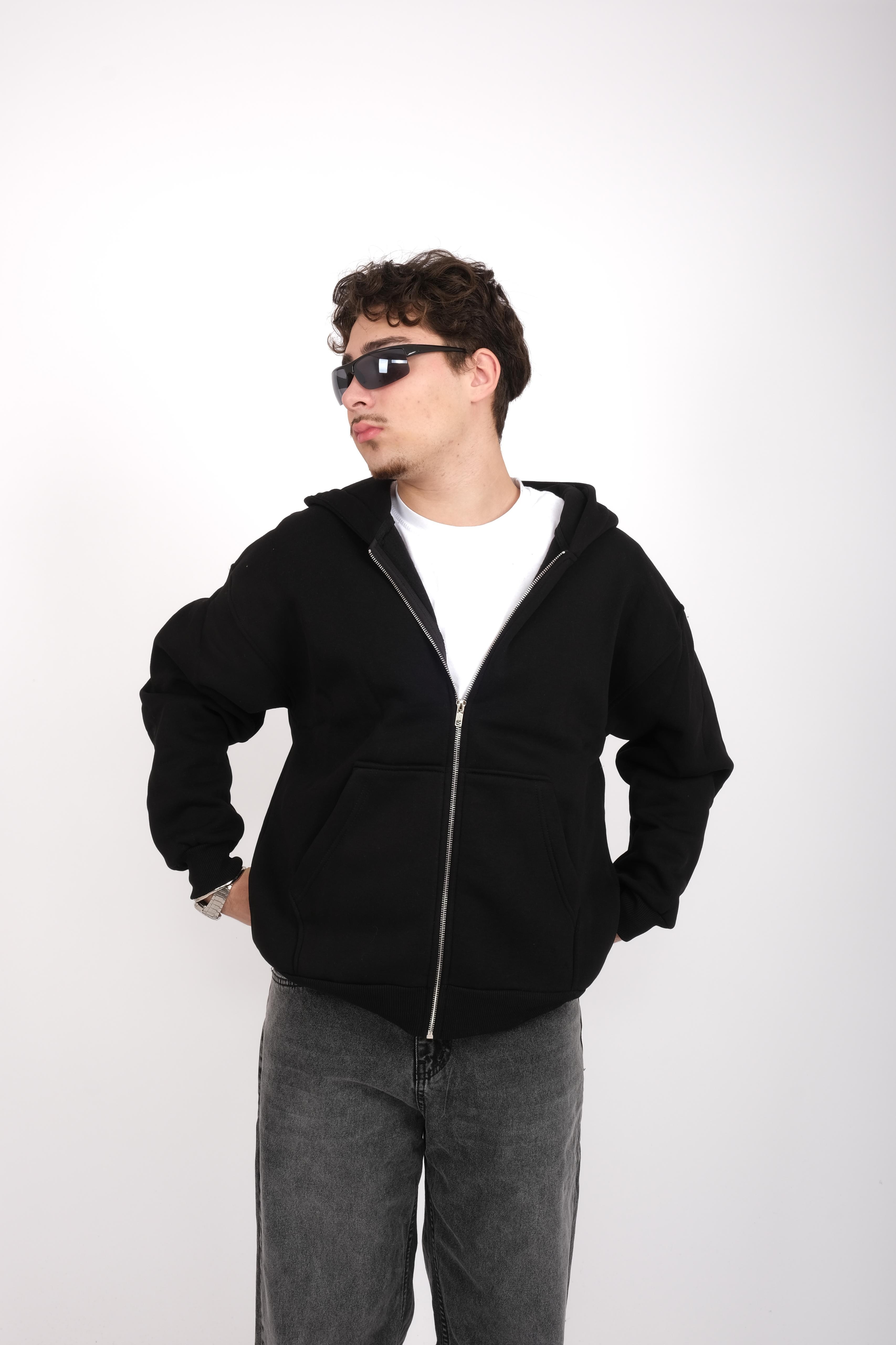 Black Basic Oversize Full Zip Hoodie