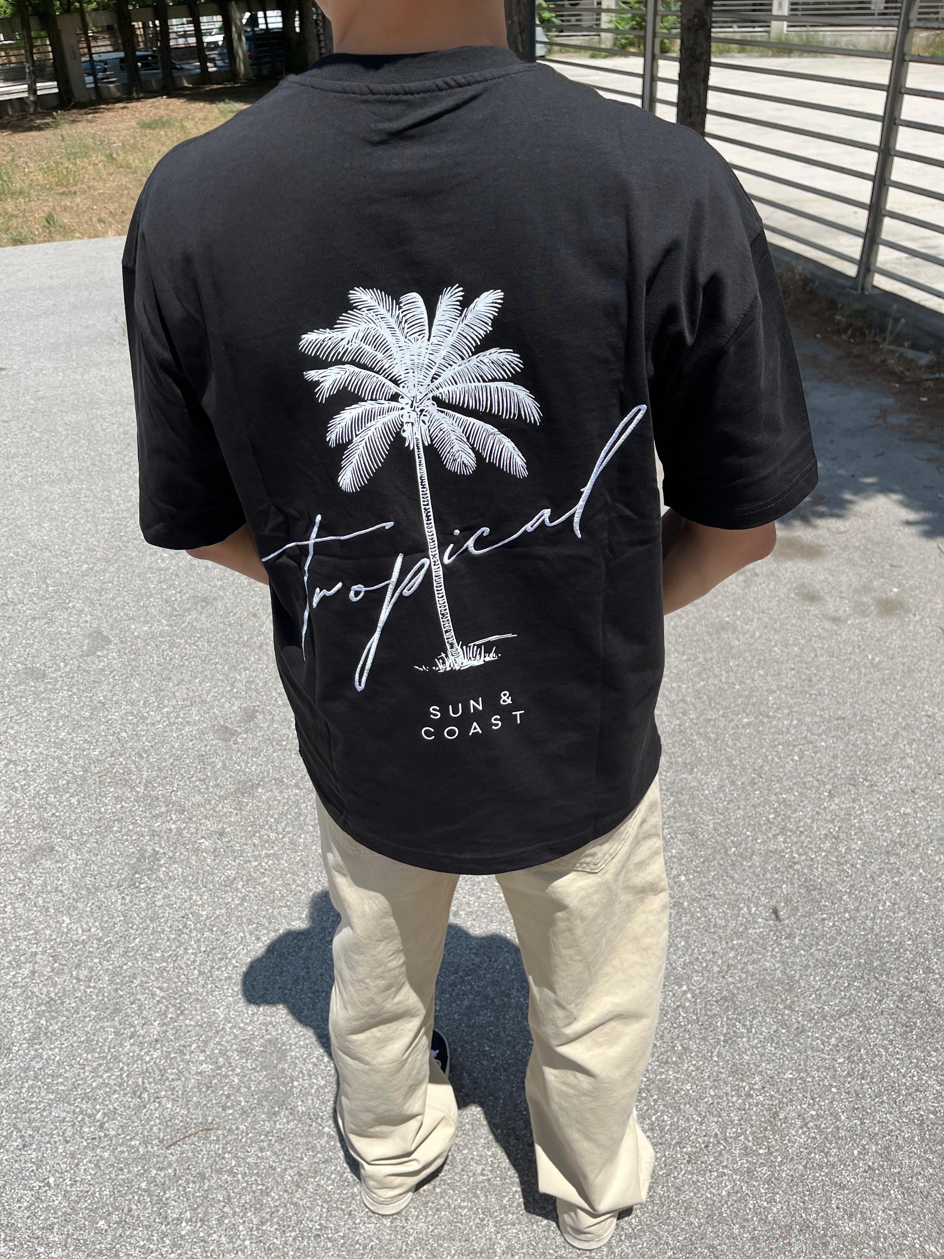 Tropical Printed Oversize Unisex T-Shirt - siyah