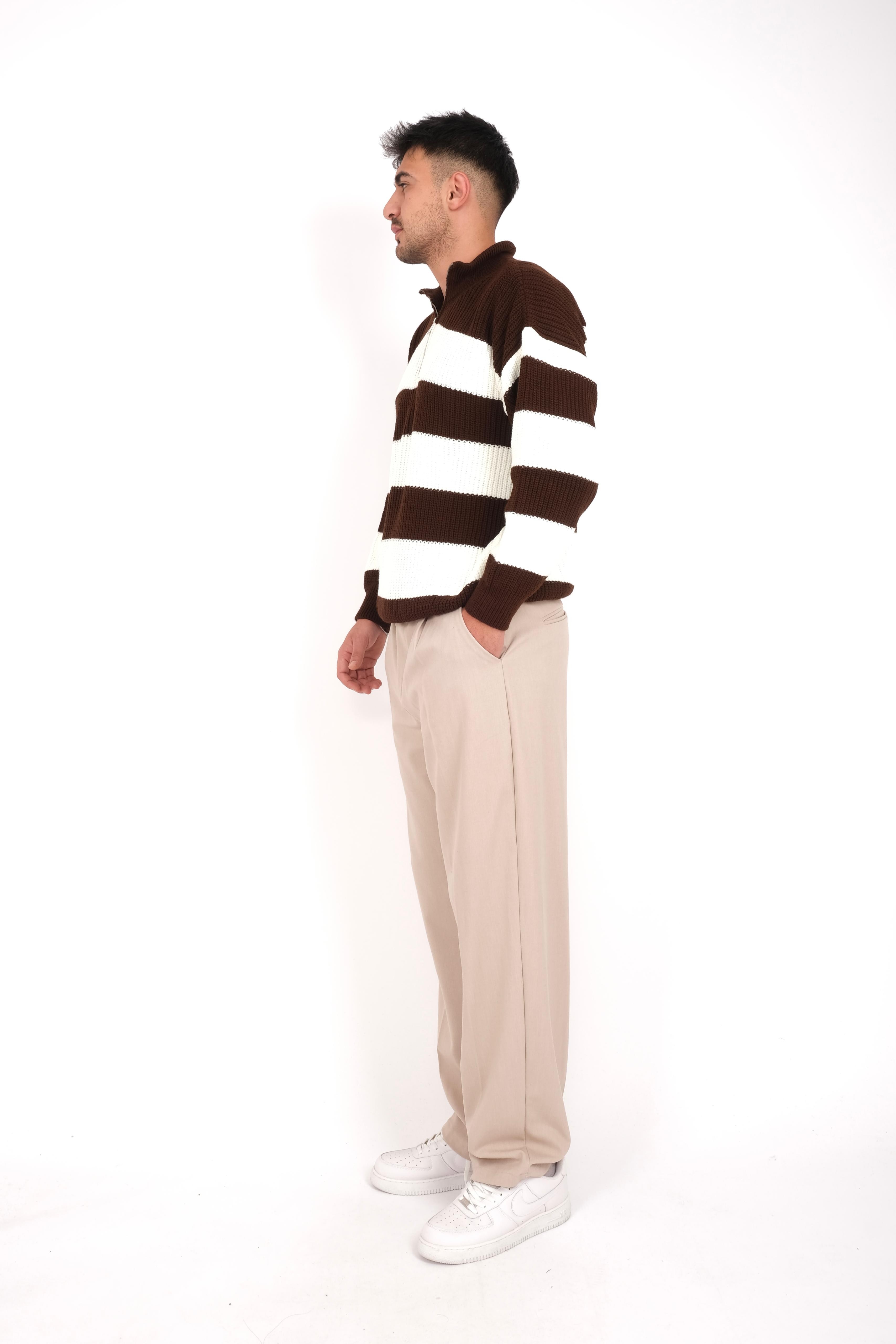 Kahve oversize yarım fermuarlı triko