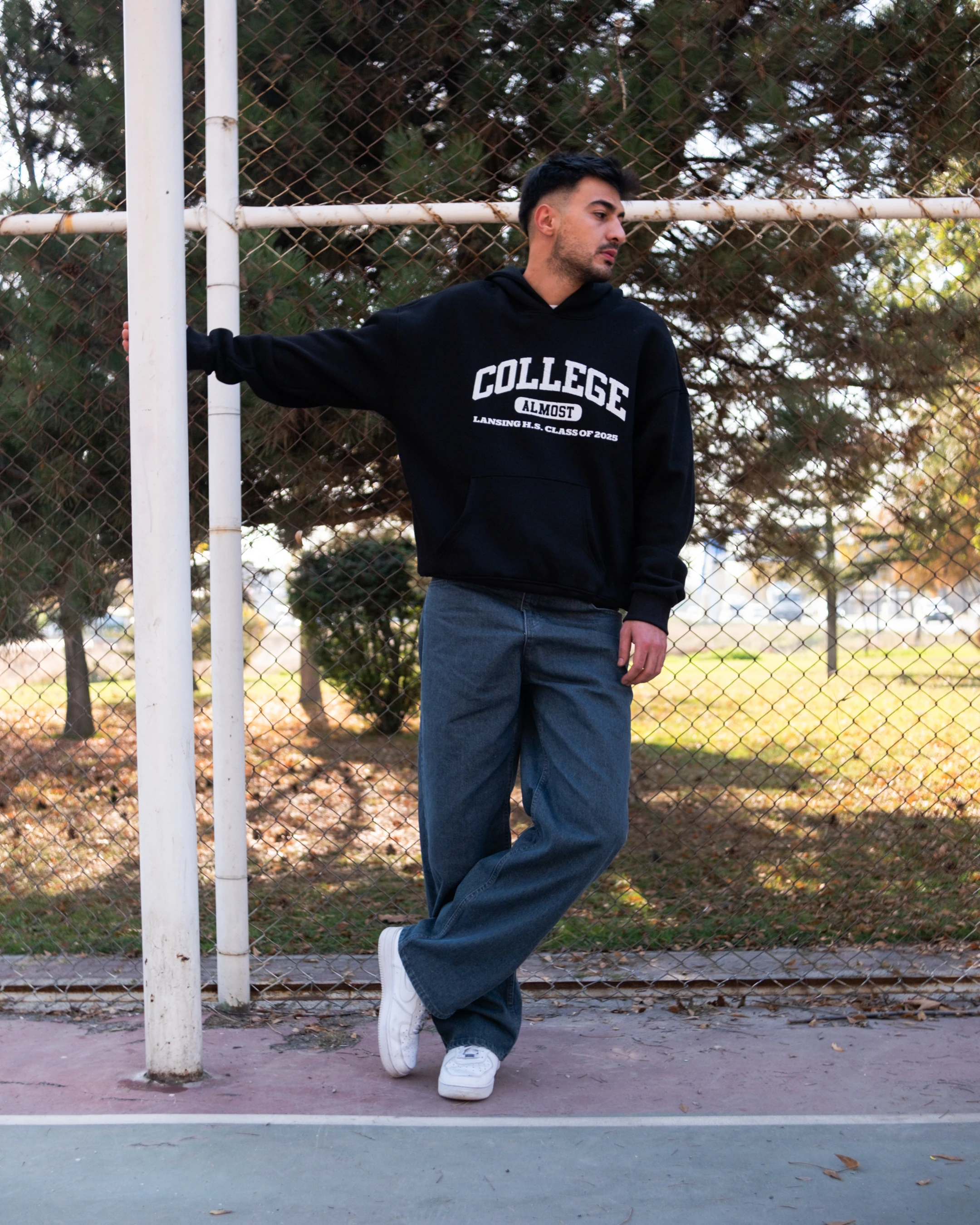 College Printed Oversized Hoodie Siyah