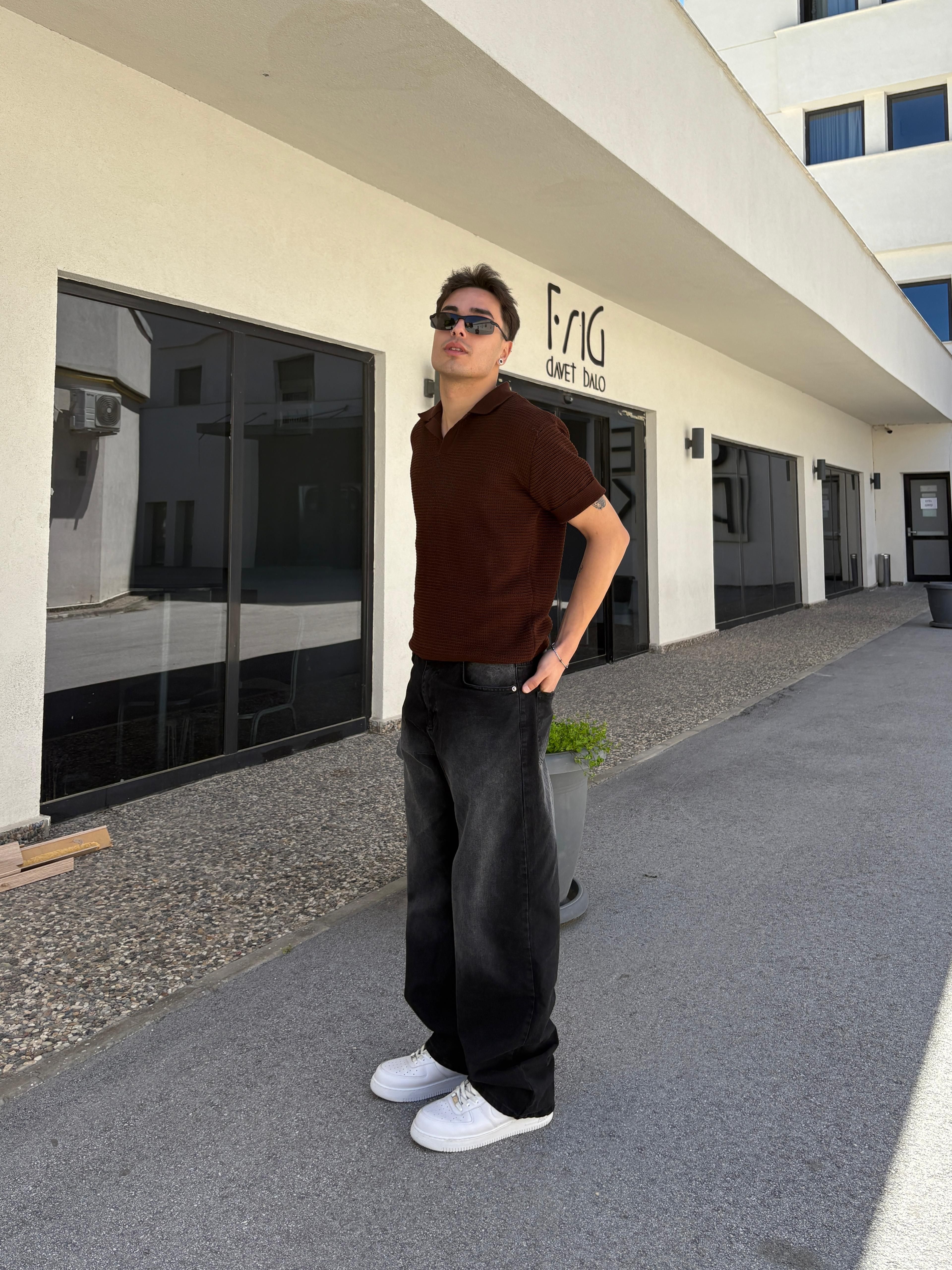 Ajurlu Relaxed Polo Yaka T-Shirt- Kahverengi