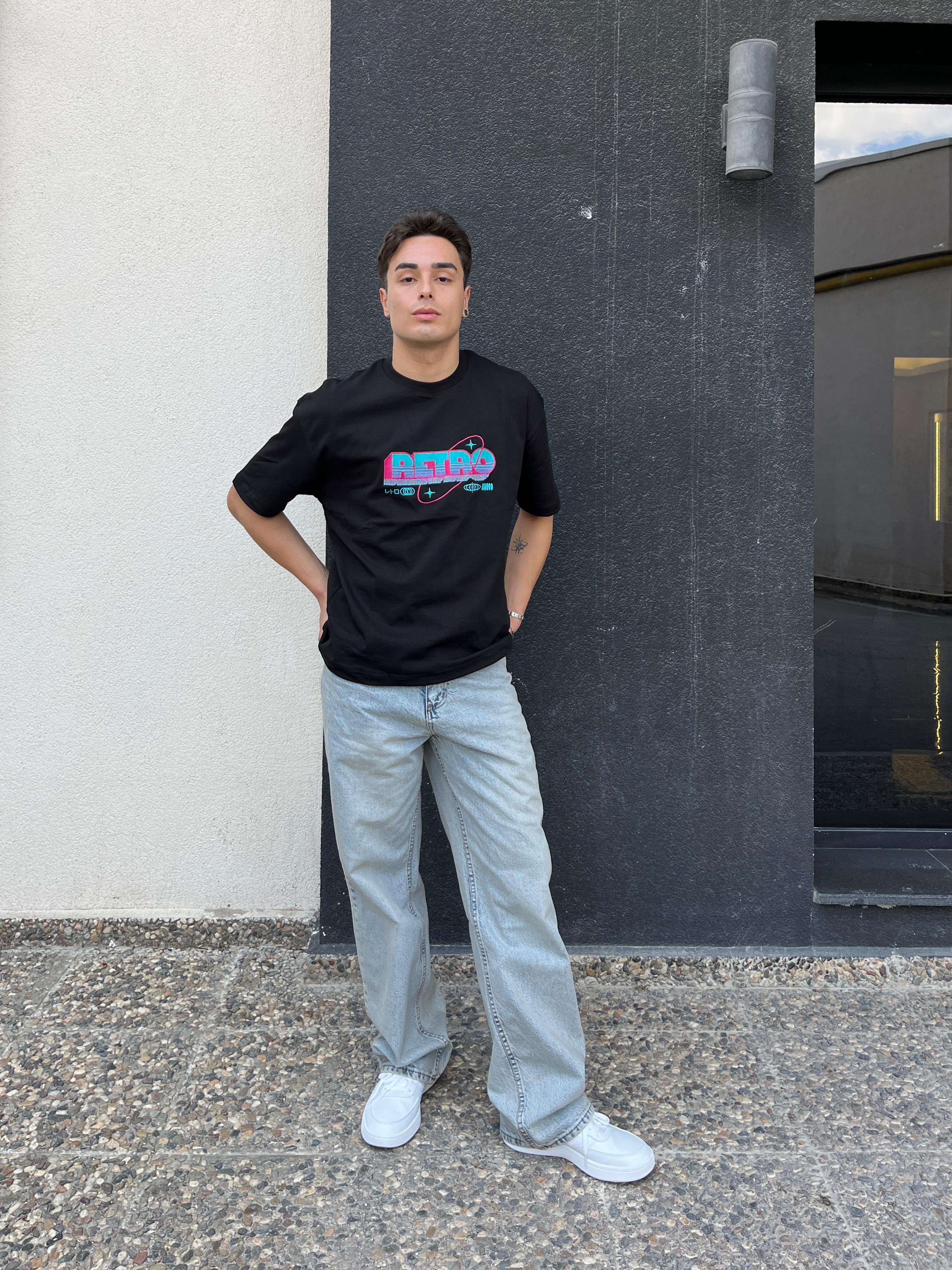 Retro Unisex Oversize T-Shirt -Siyah