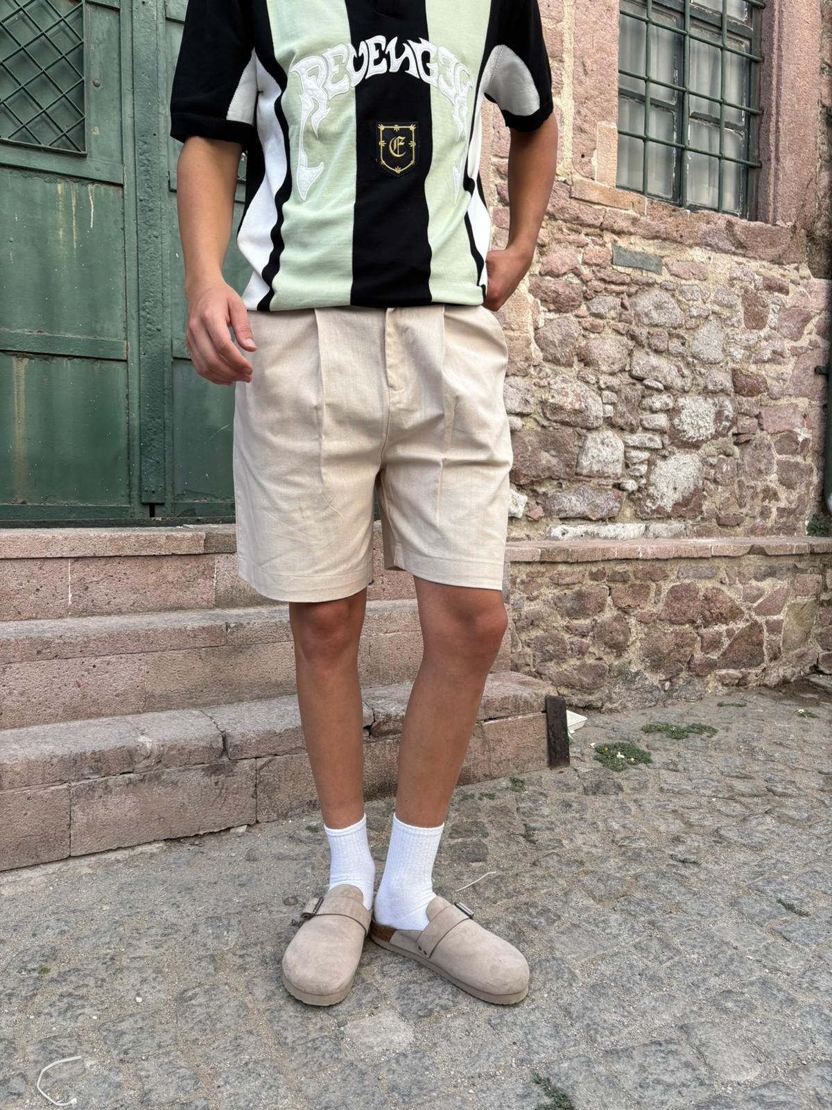Relaxed Bej Pileli Short