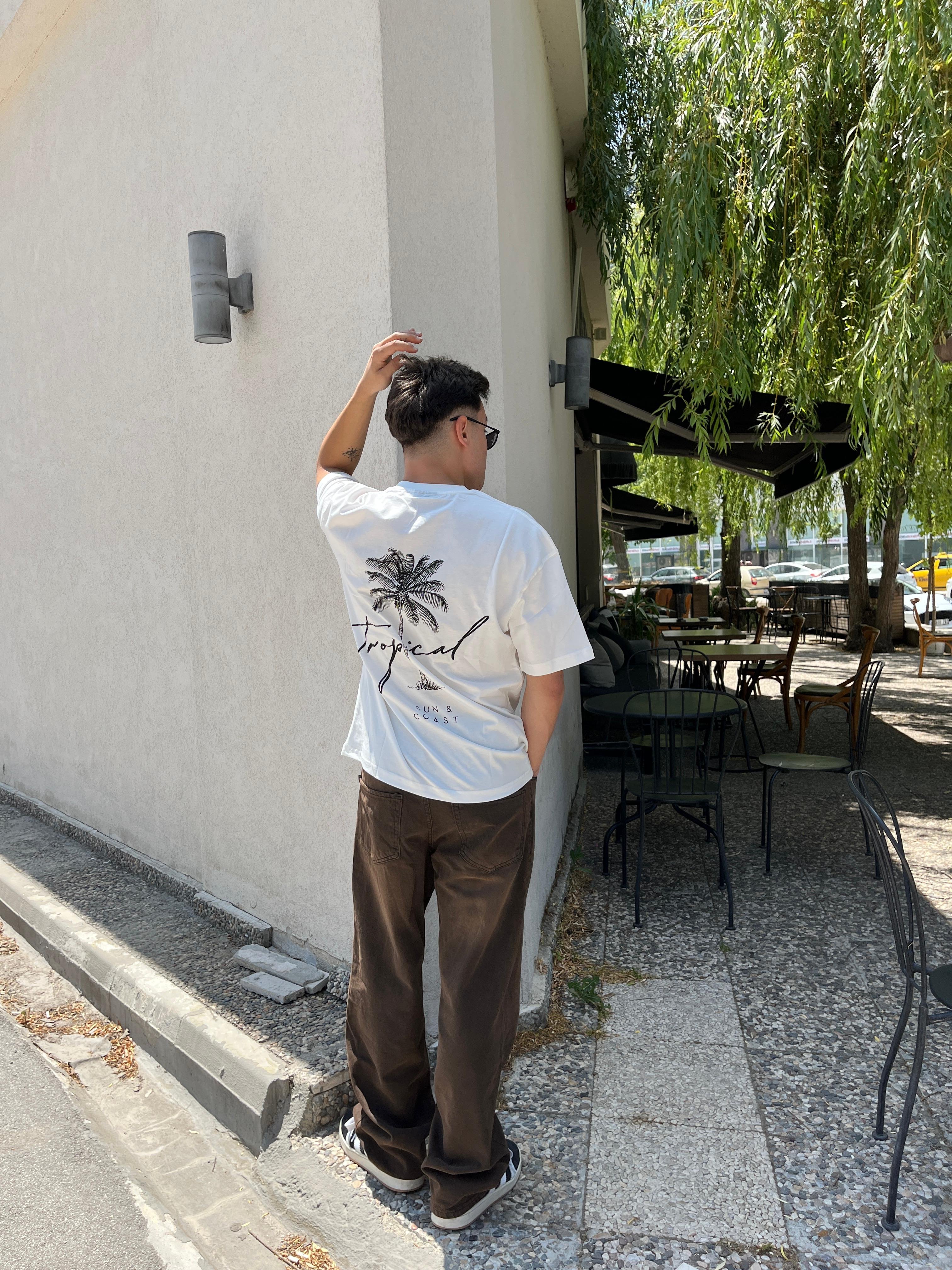 Tropical Printed Ovesize T-Shirt -Beyaz
