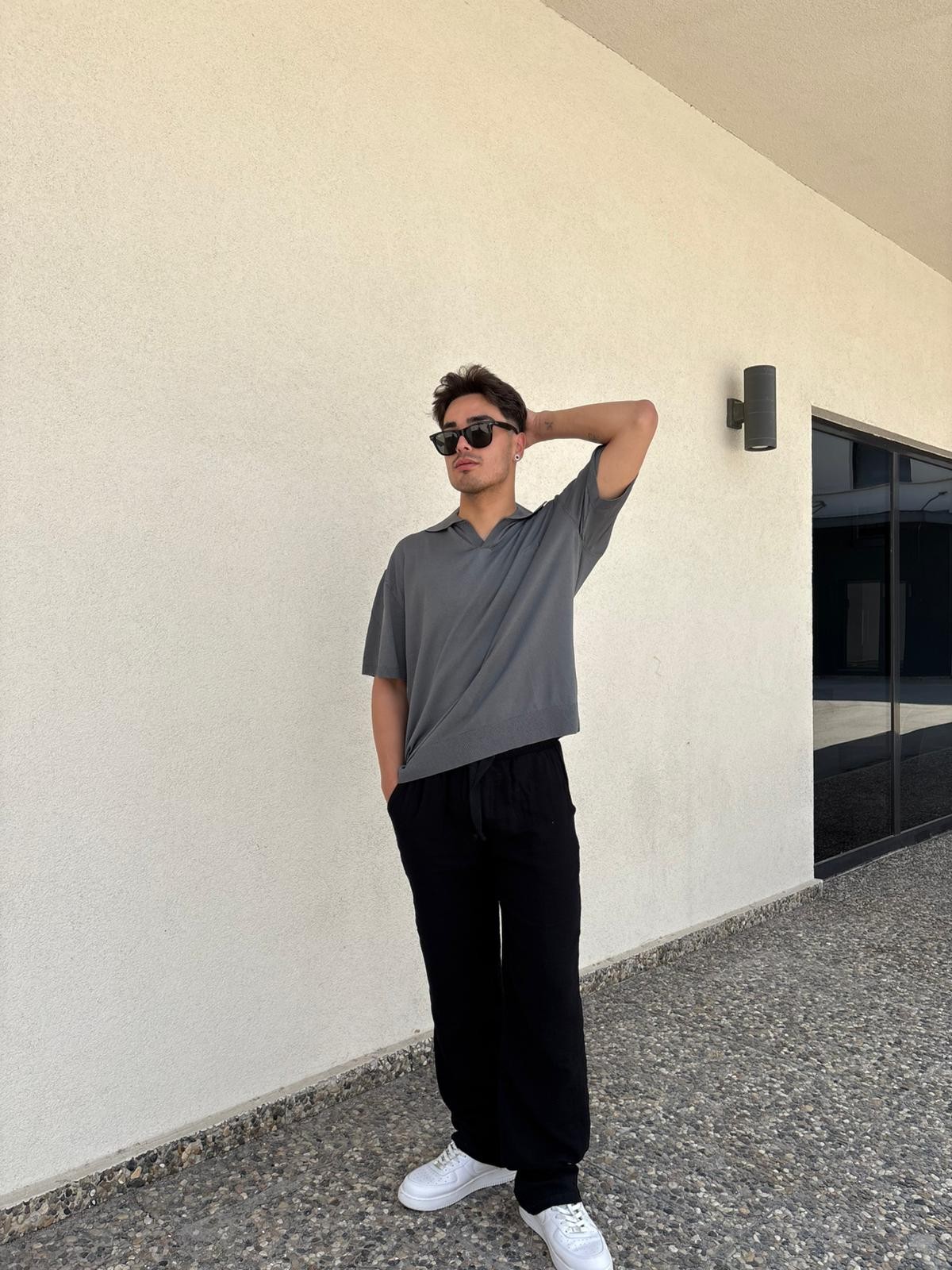 Oversize Patlı Polo Yaka Triko - Koyu Gri