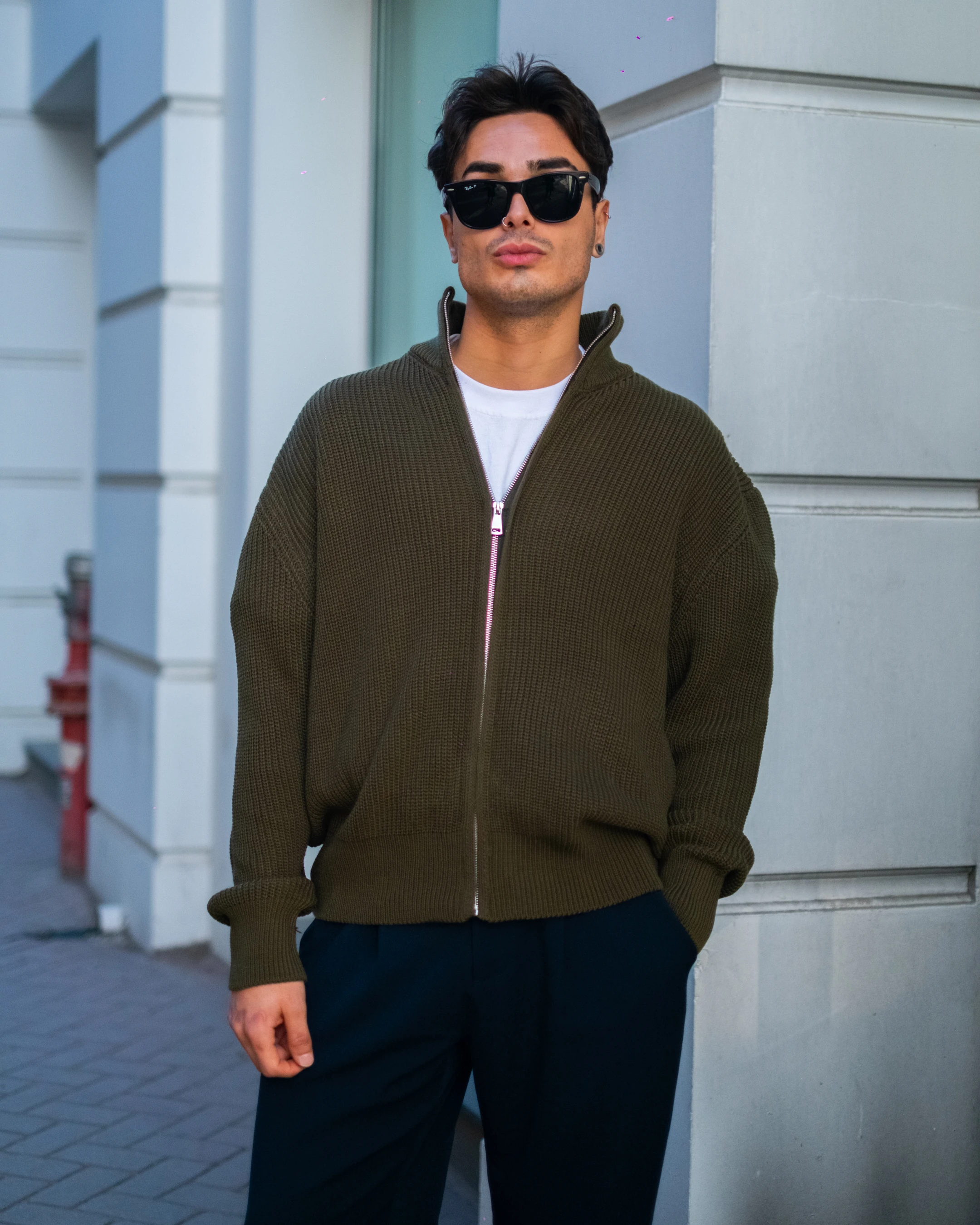 Haki Fermuarlı Oversize Triko