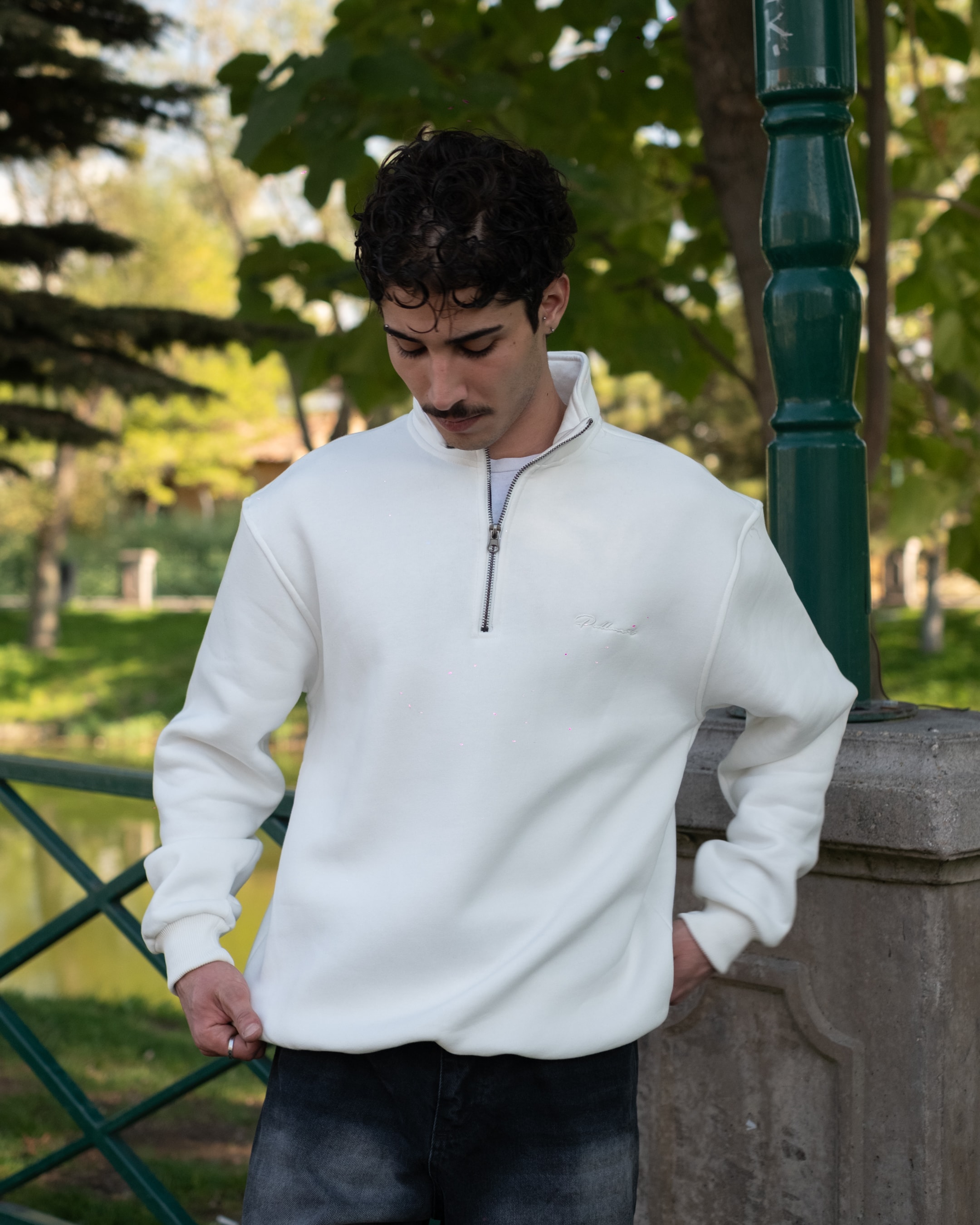 Half Zip Oversize Sweatshirt - Beyaz