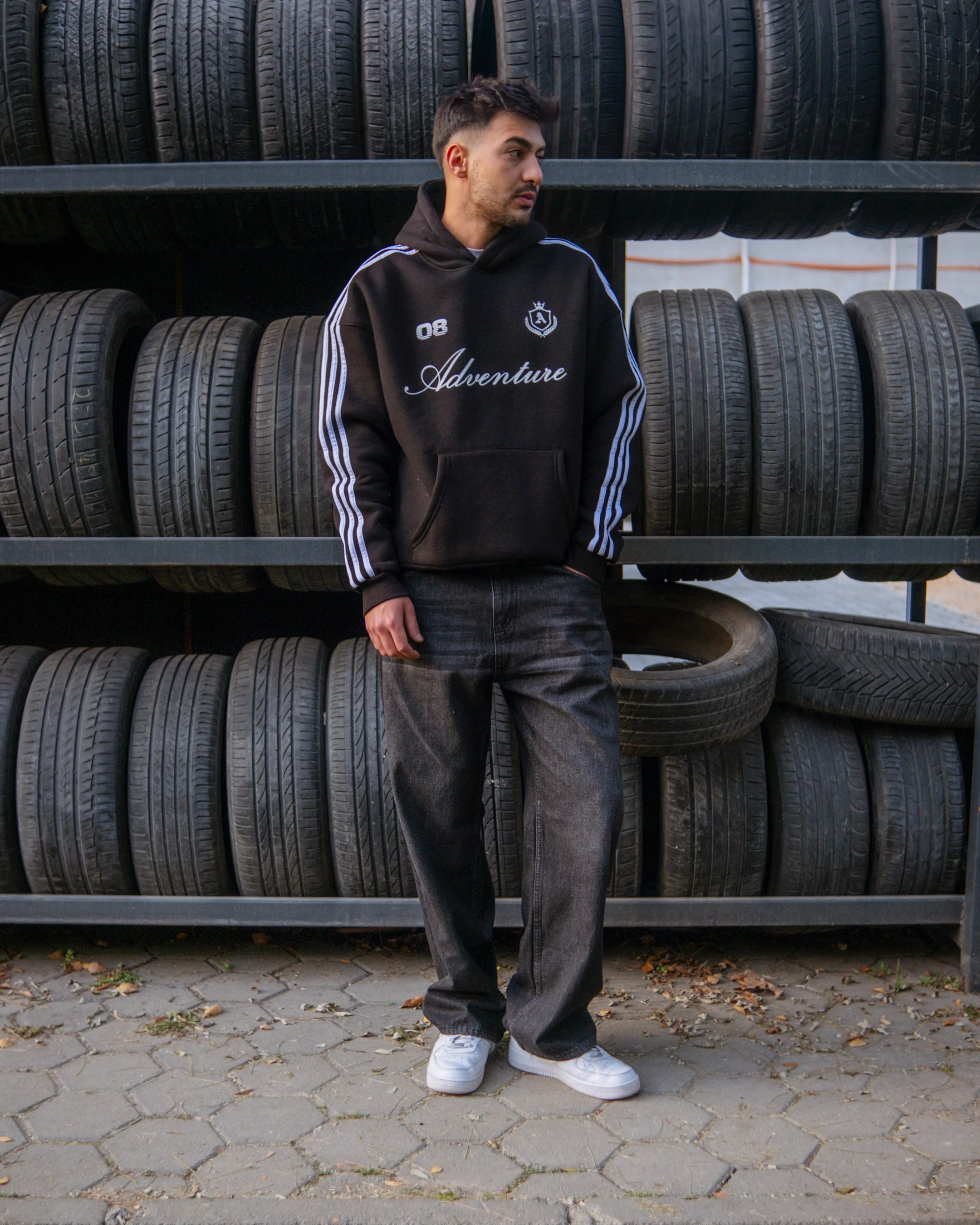 Adventure Çizgili Oversize Hoodie Siyah