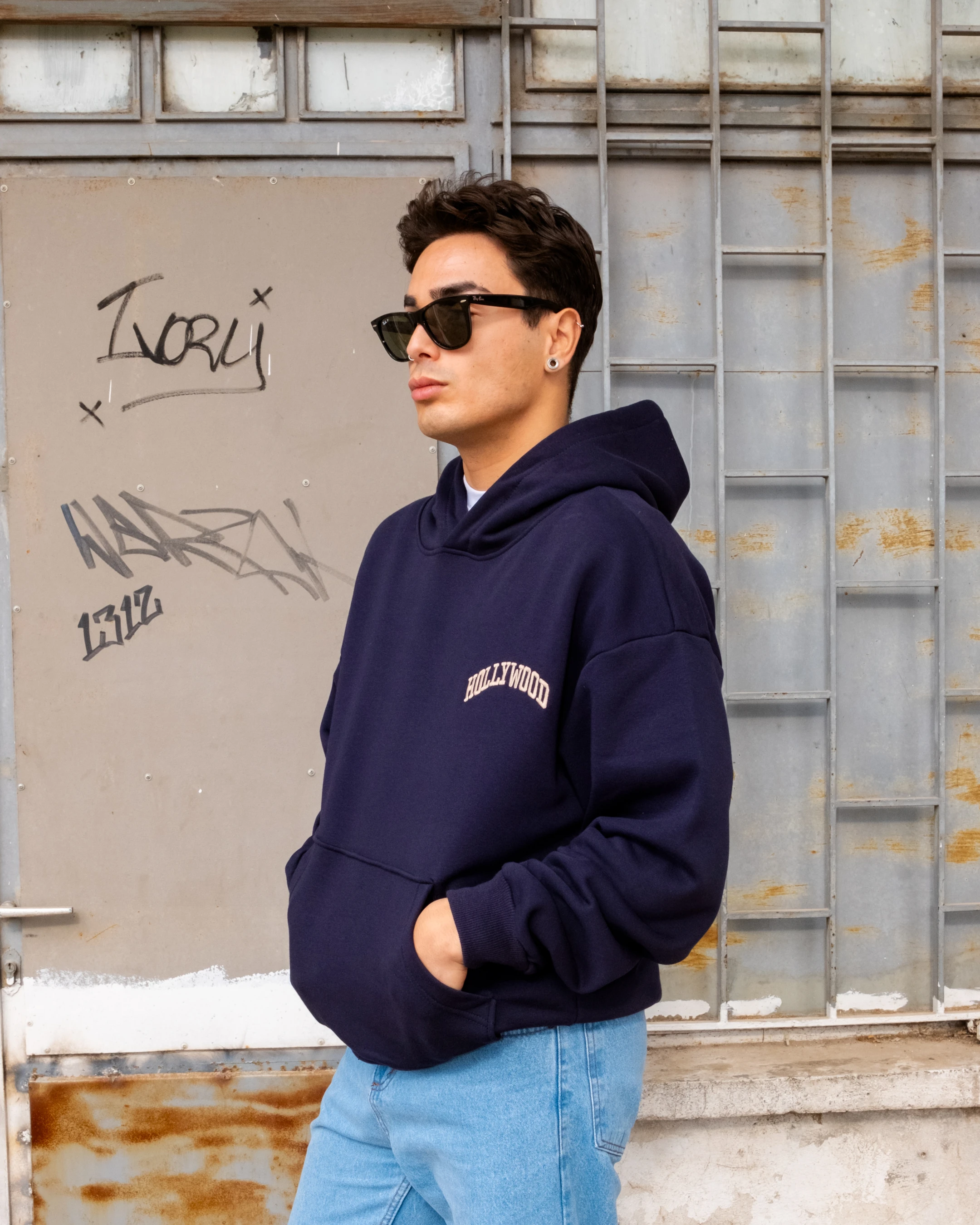 Hollywood Nakışlı Lacivert Boxy Oversize Hoodie