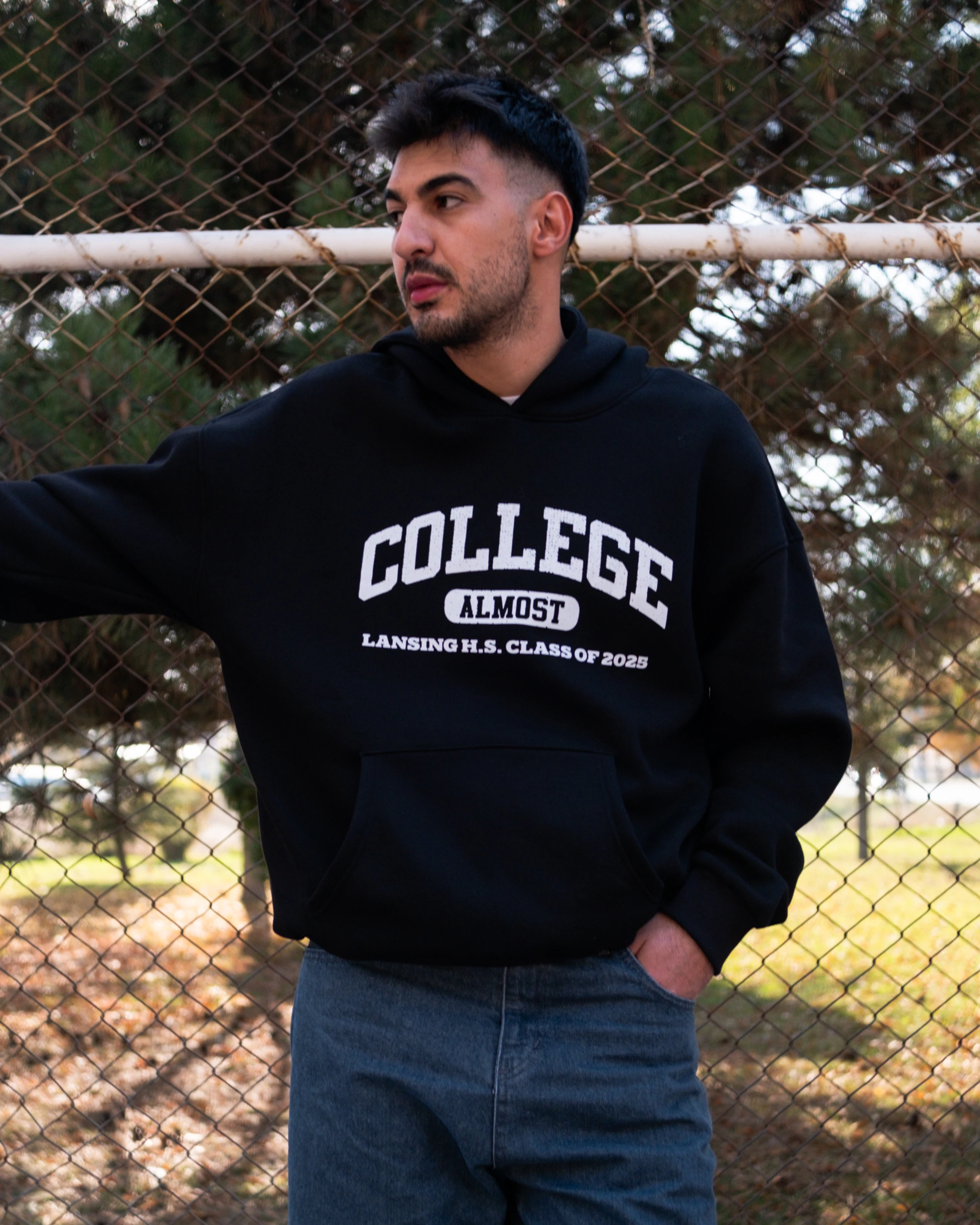 College Printed Oversized Hoodie Siyah