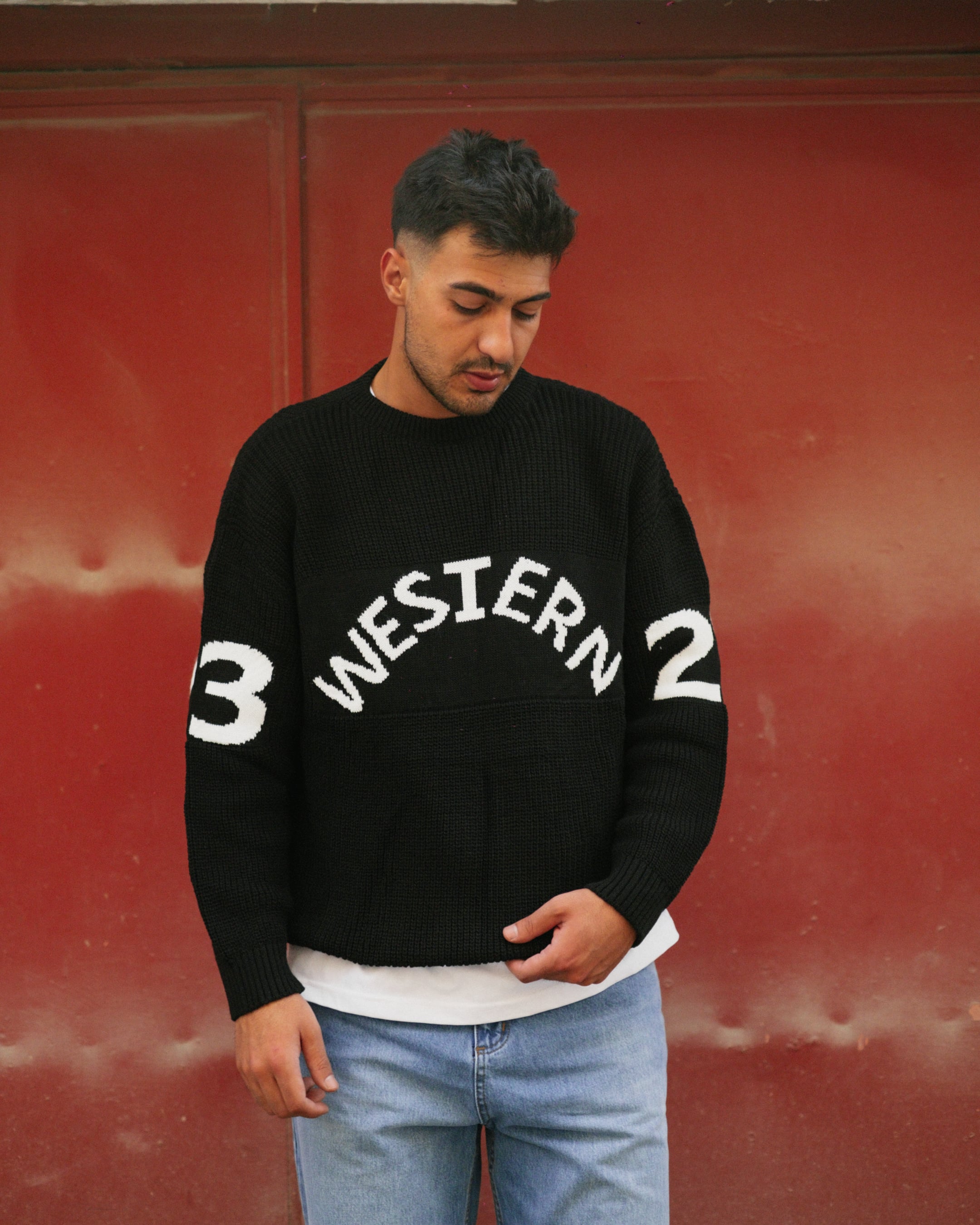 Siyah Western Nakışlı Oversize Triko