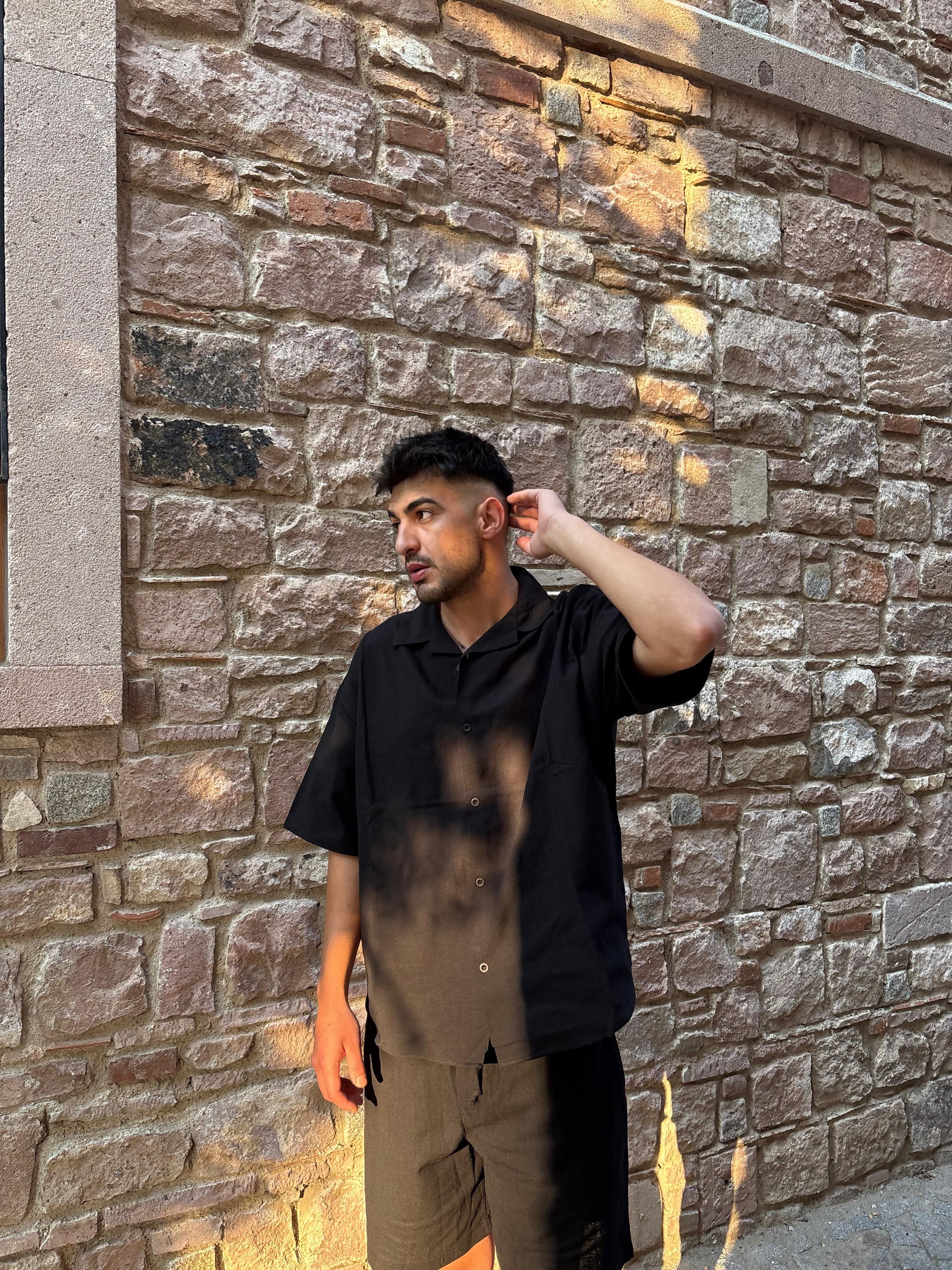 Siyah Oversize Keten Takım
