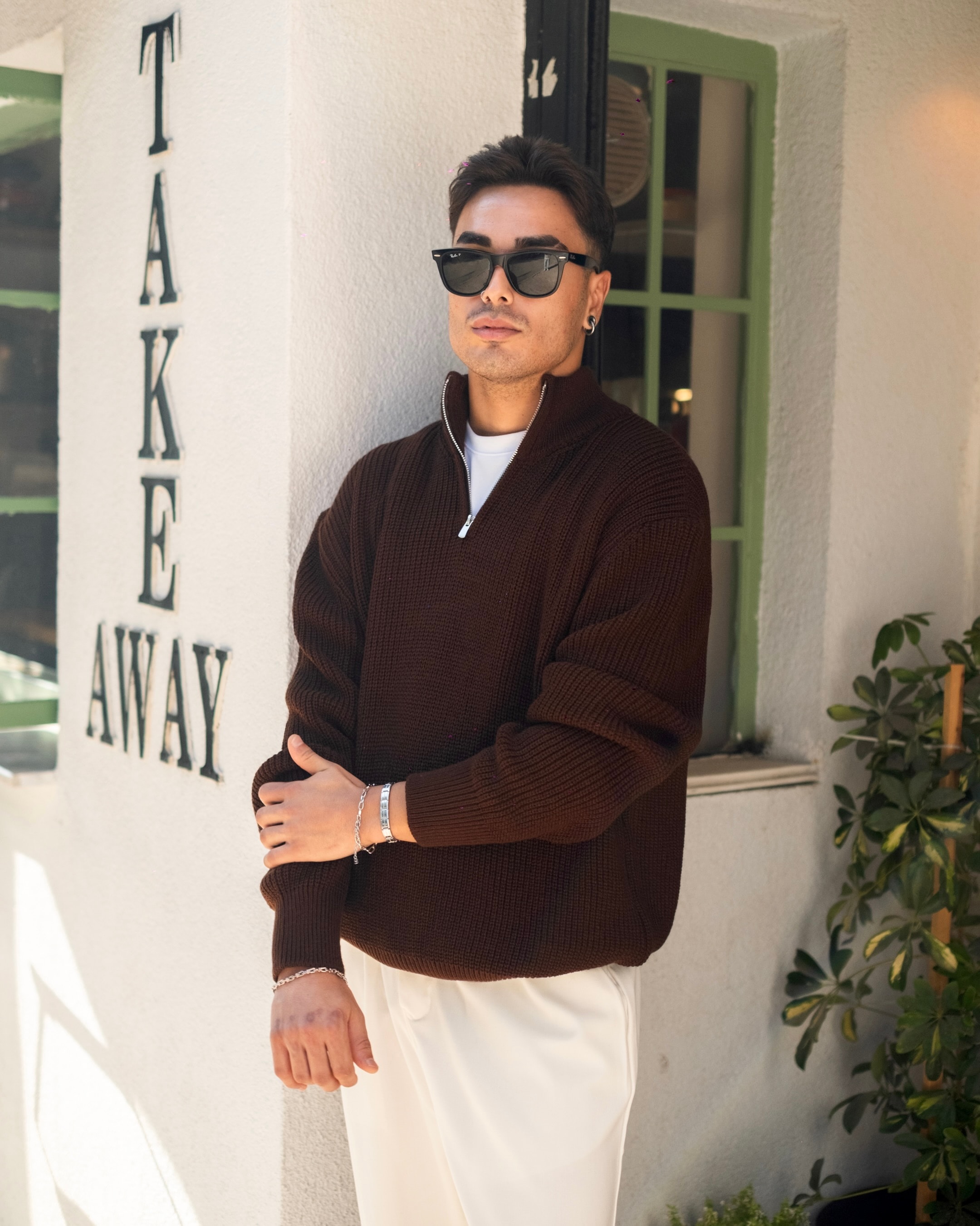 Kahve Half Zip Oversize Triko 
