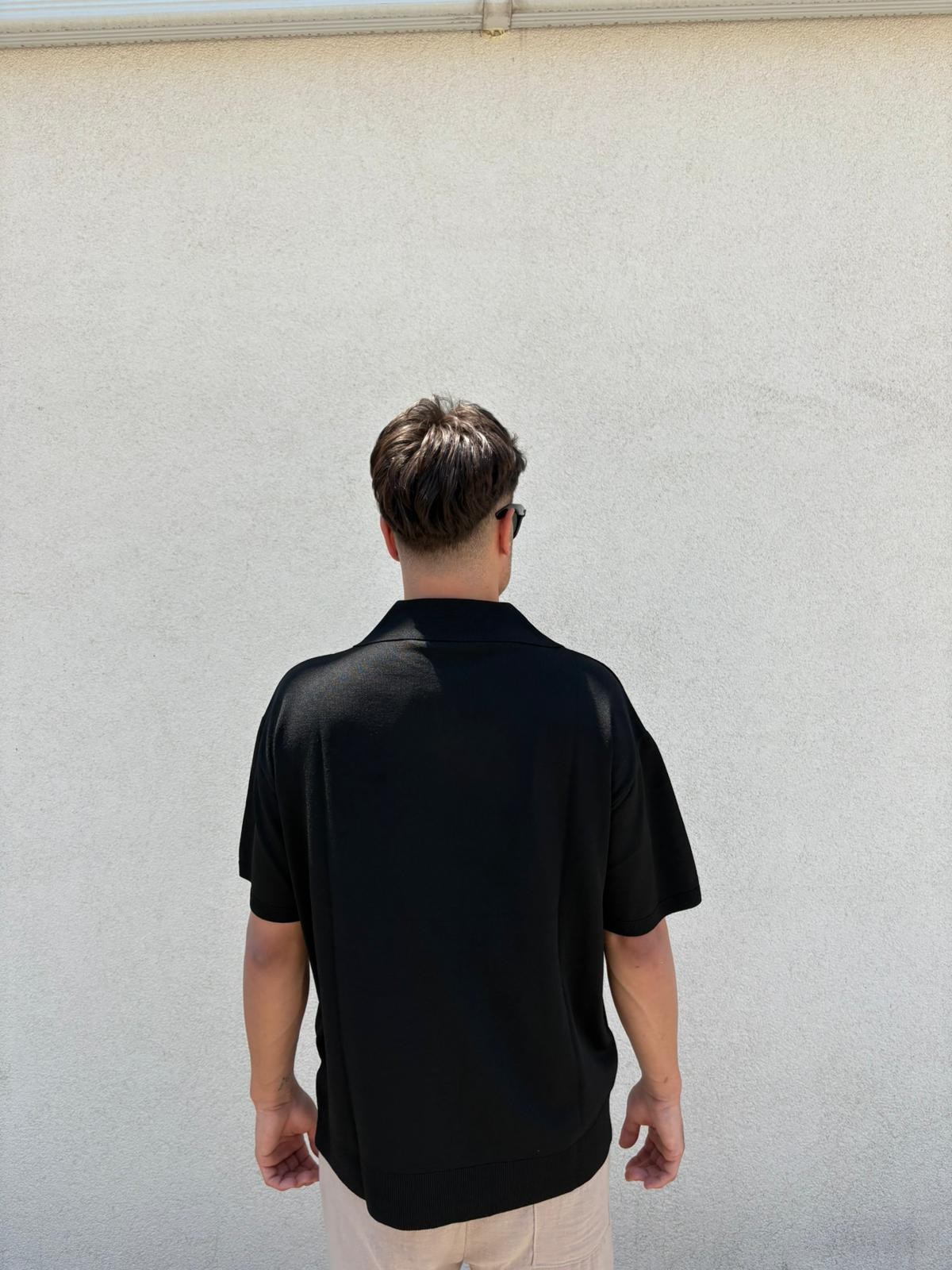 Oversize Patlı Polo Yaka Tişört - Siyah