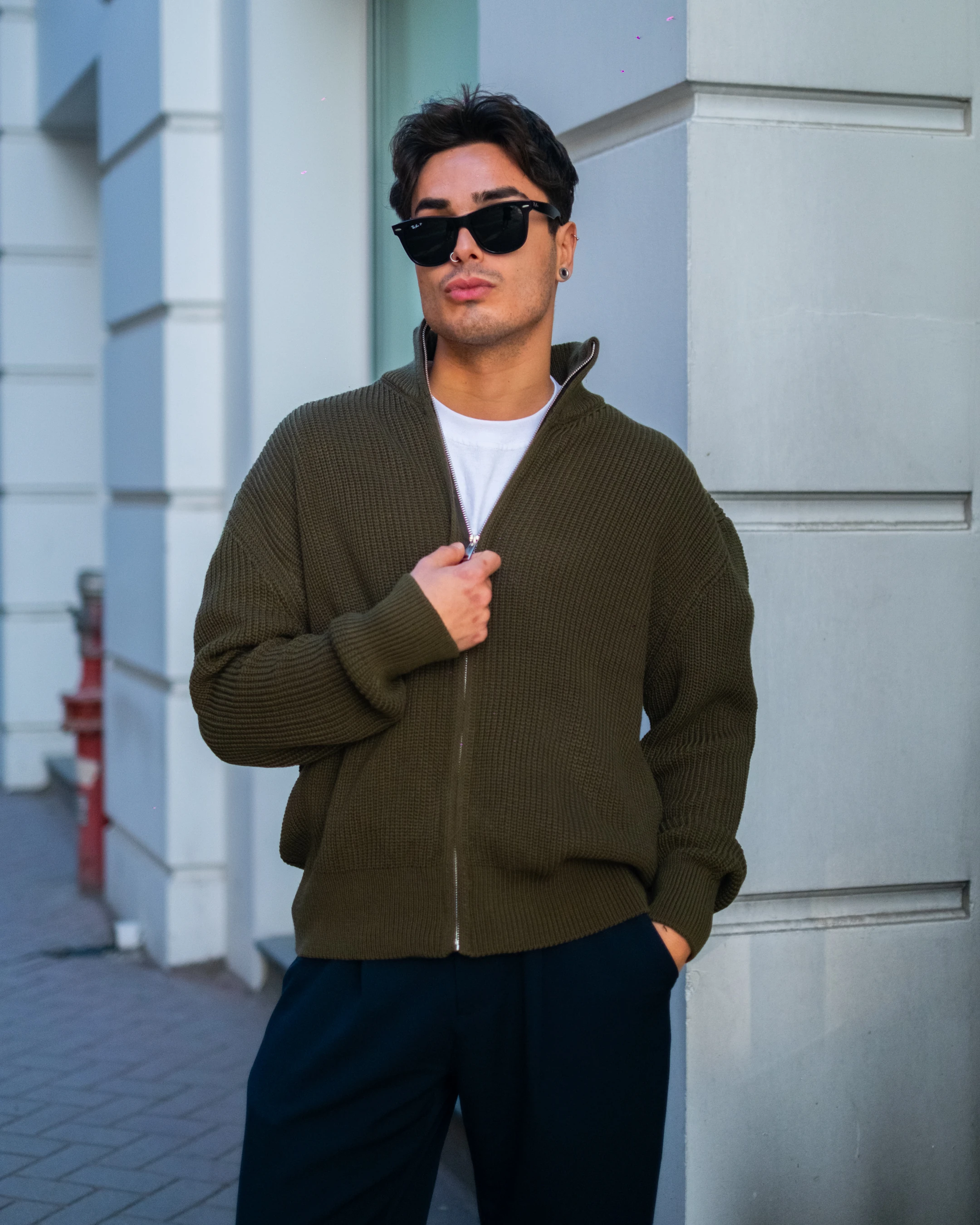 Haki Fermuarlı Oversize Triko