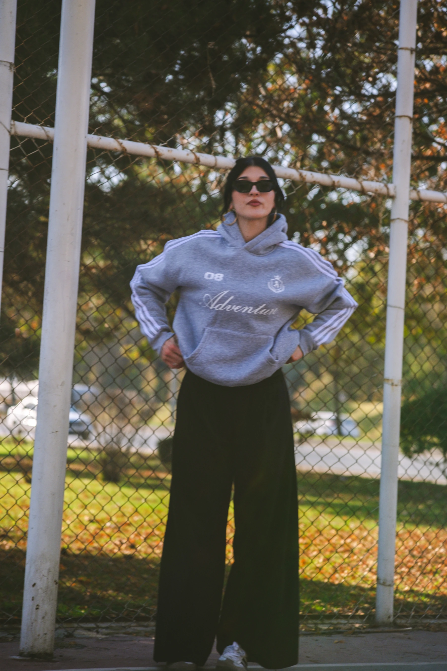 Adventure Printed Çizgili Oversized Hoodie Gri