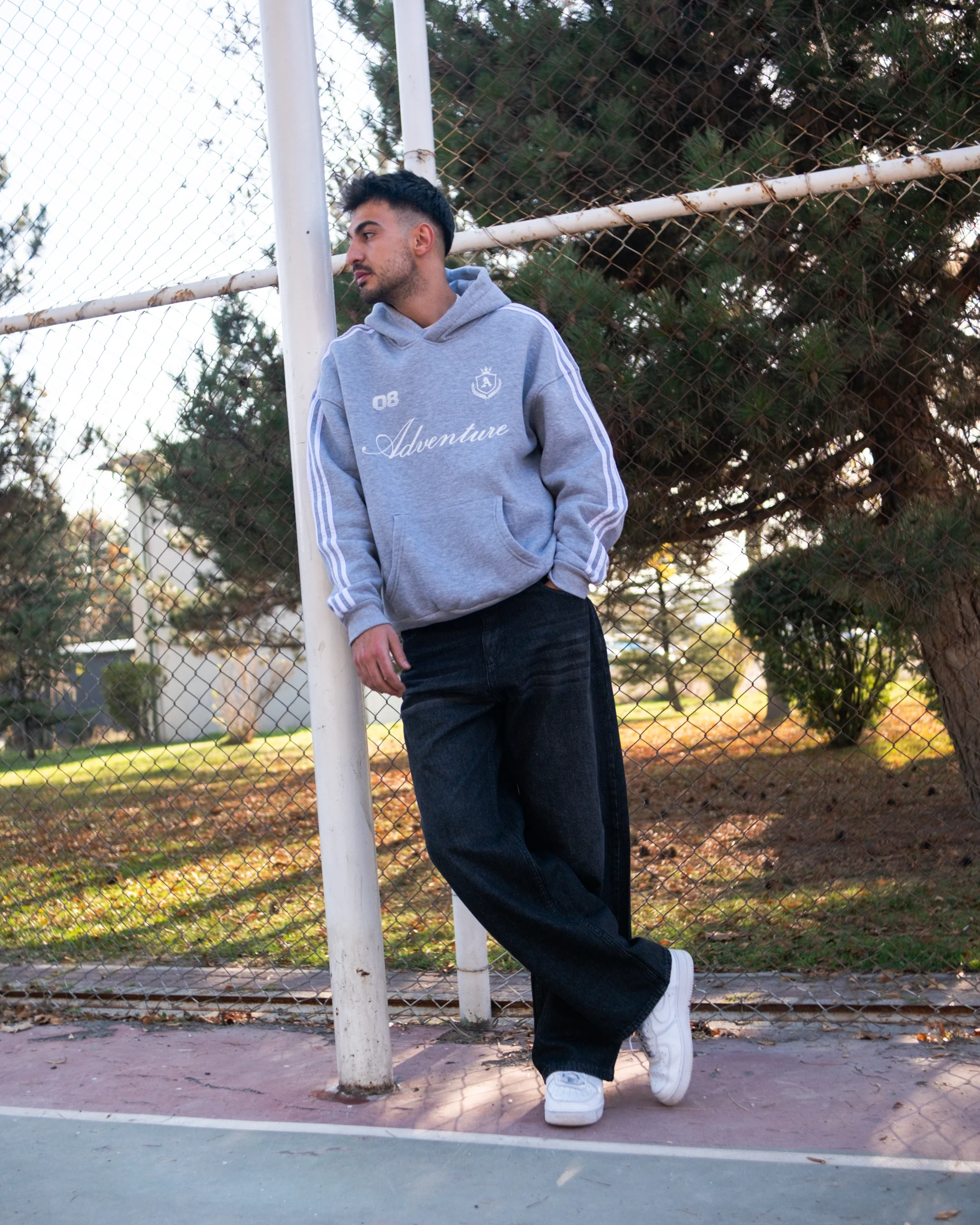 Adventure Printed Çizgili Oversized Hoodie Gri