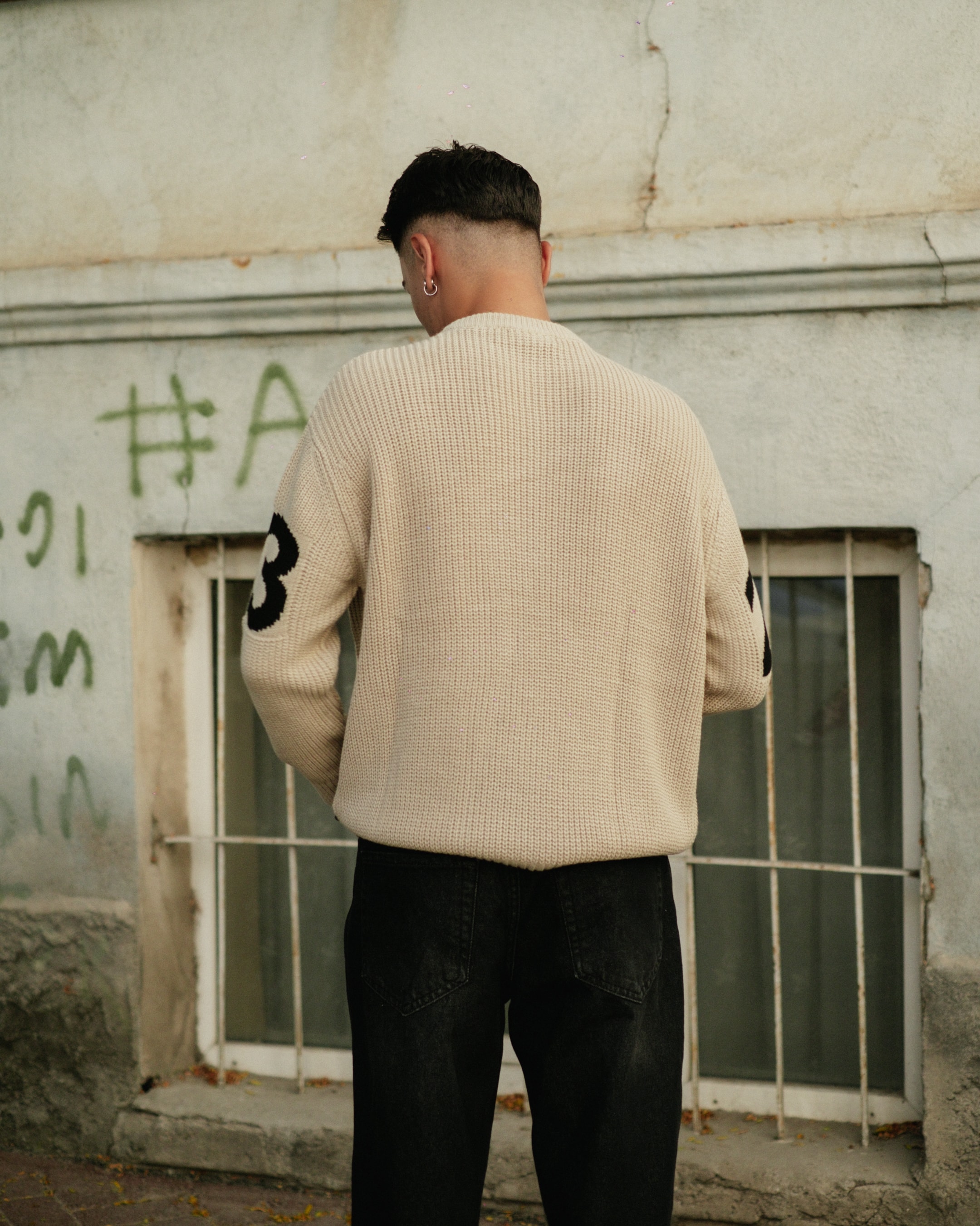 Western Nakışlı Premium Oversize Triko - Bej