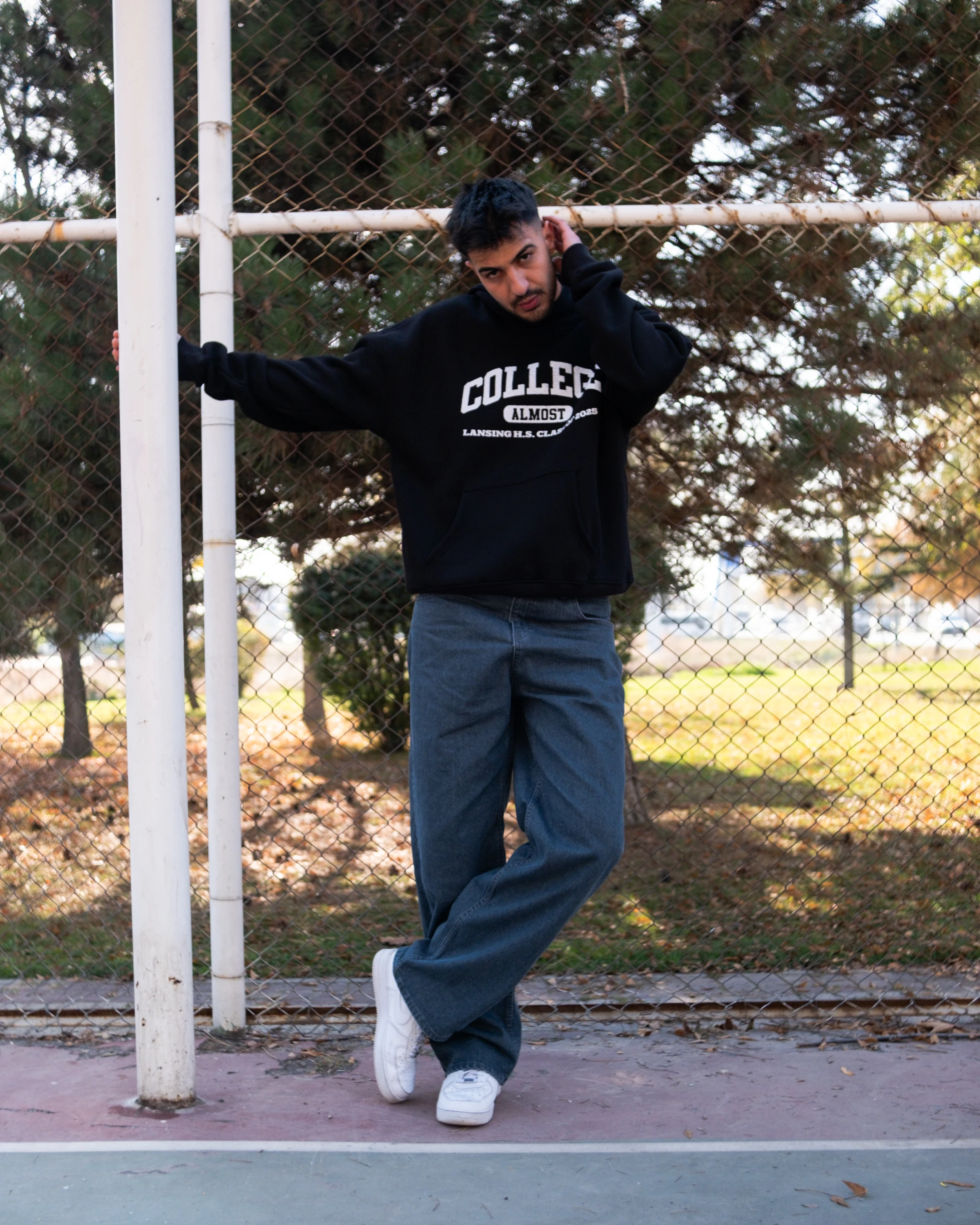 College Printed Oversized Hoodie Siyah