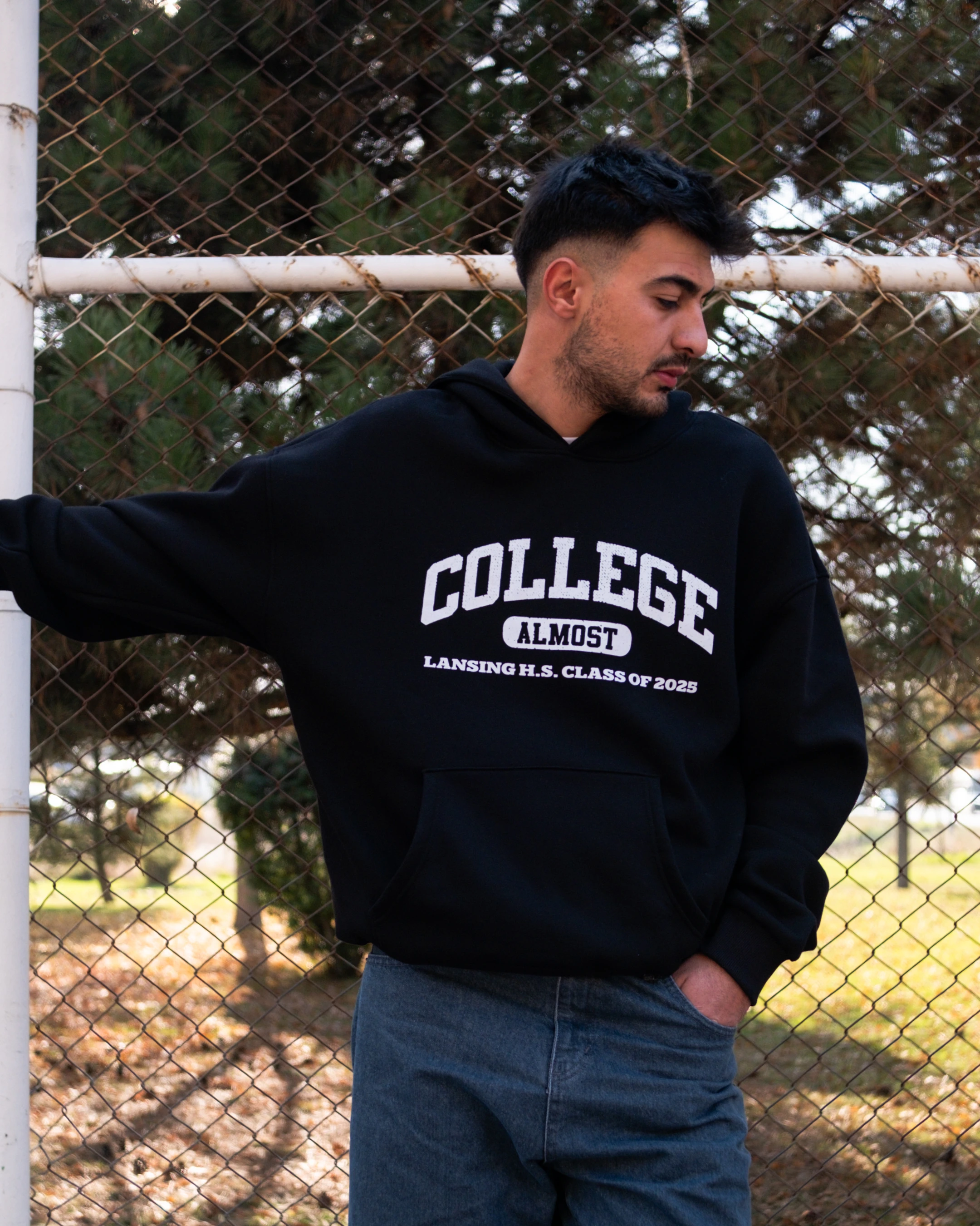 College Printed Oversized Hoodie Siyah