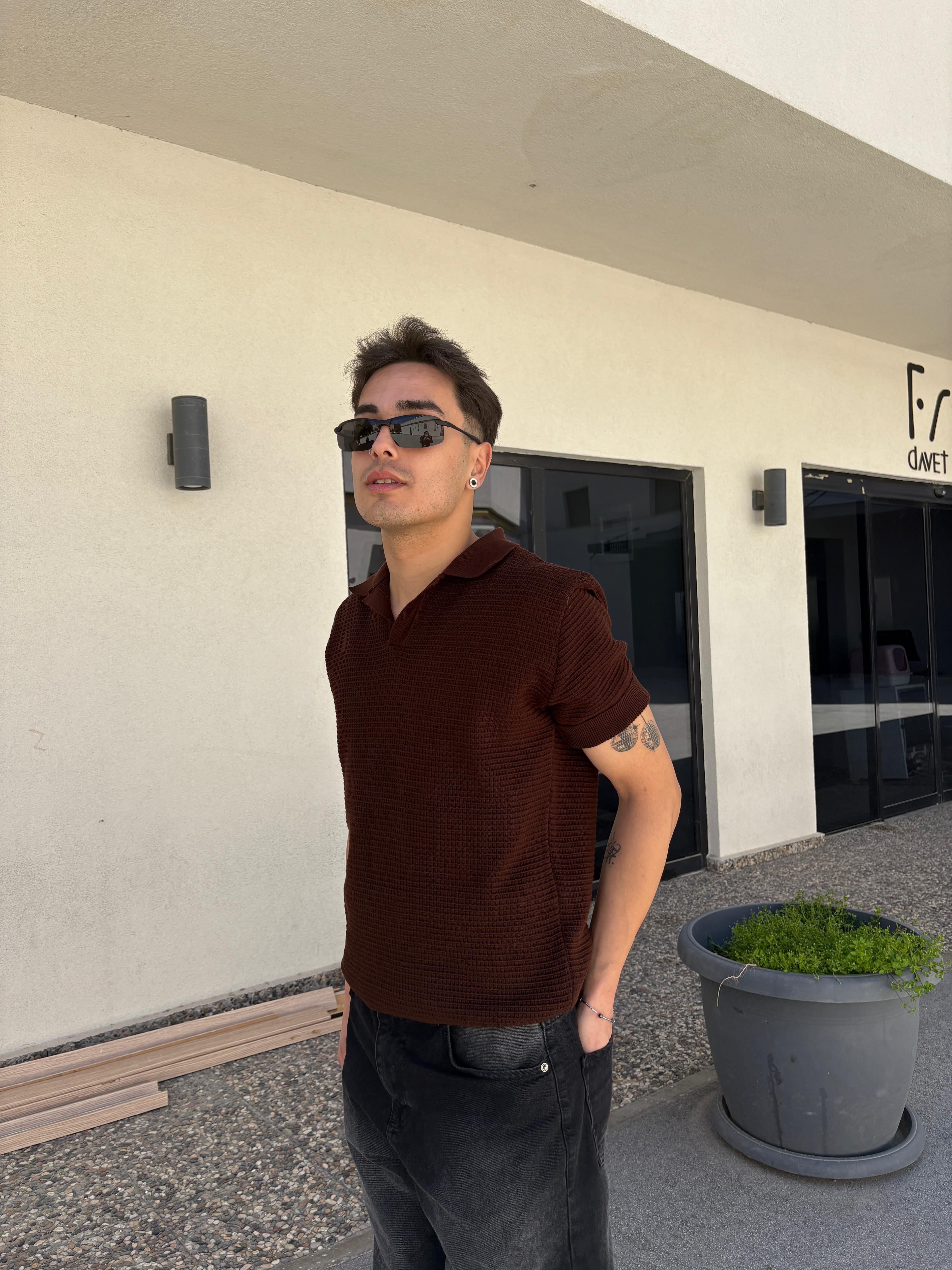 Ajurlu Relaxed Polo Yaka T-Shirt- Kahverengi