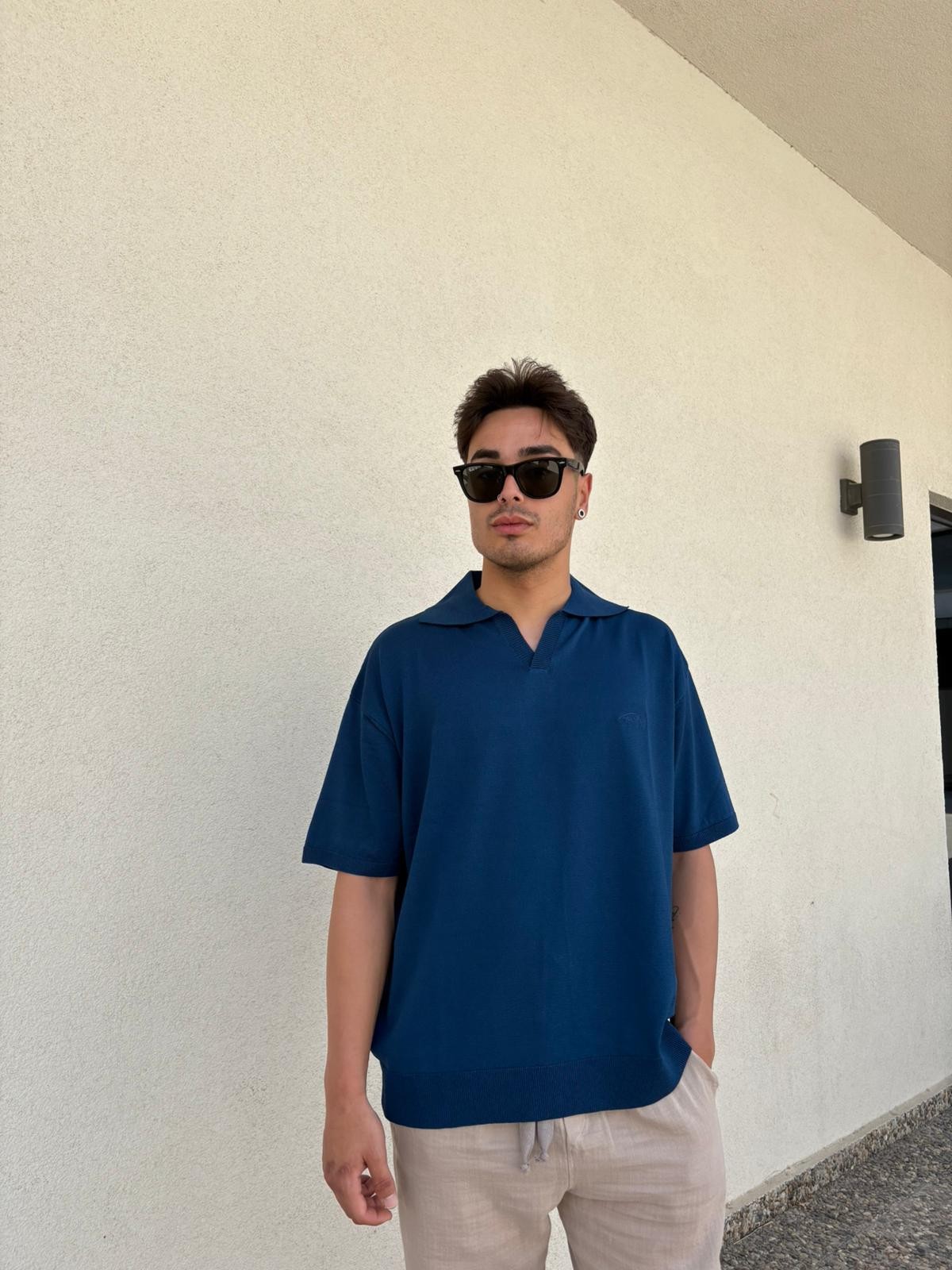 Oversize Patlı Polo Yaka Tişört - İndigo