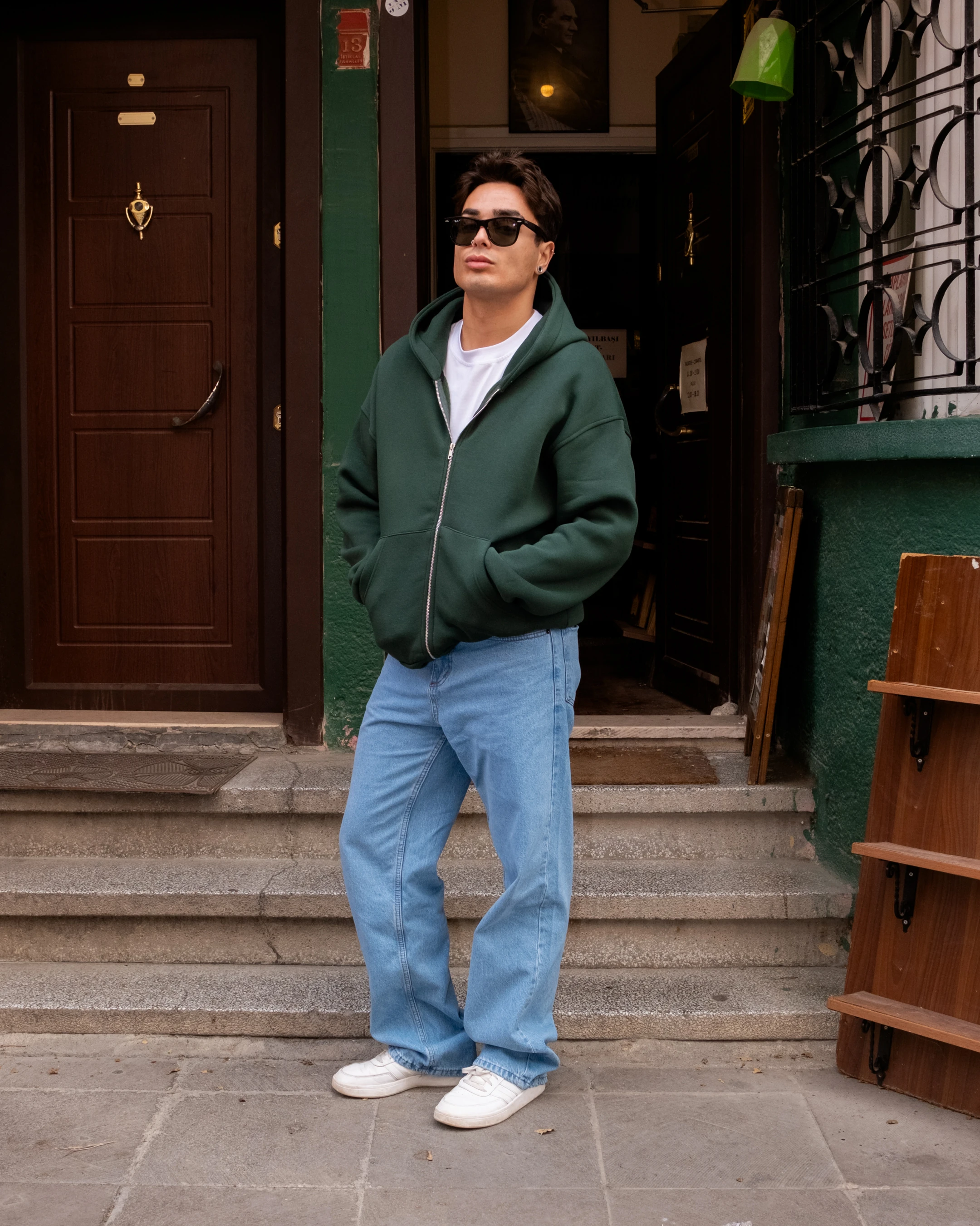 Yeşil Basic Full Zip Oversize Hoodie