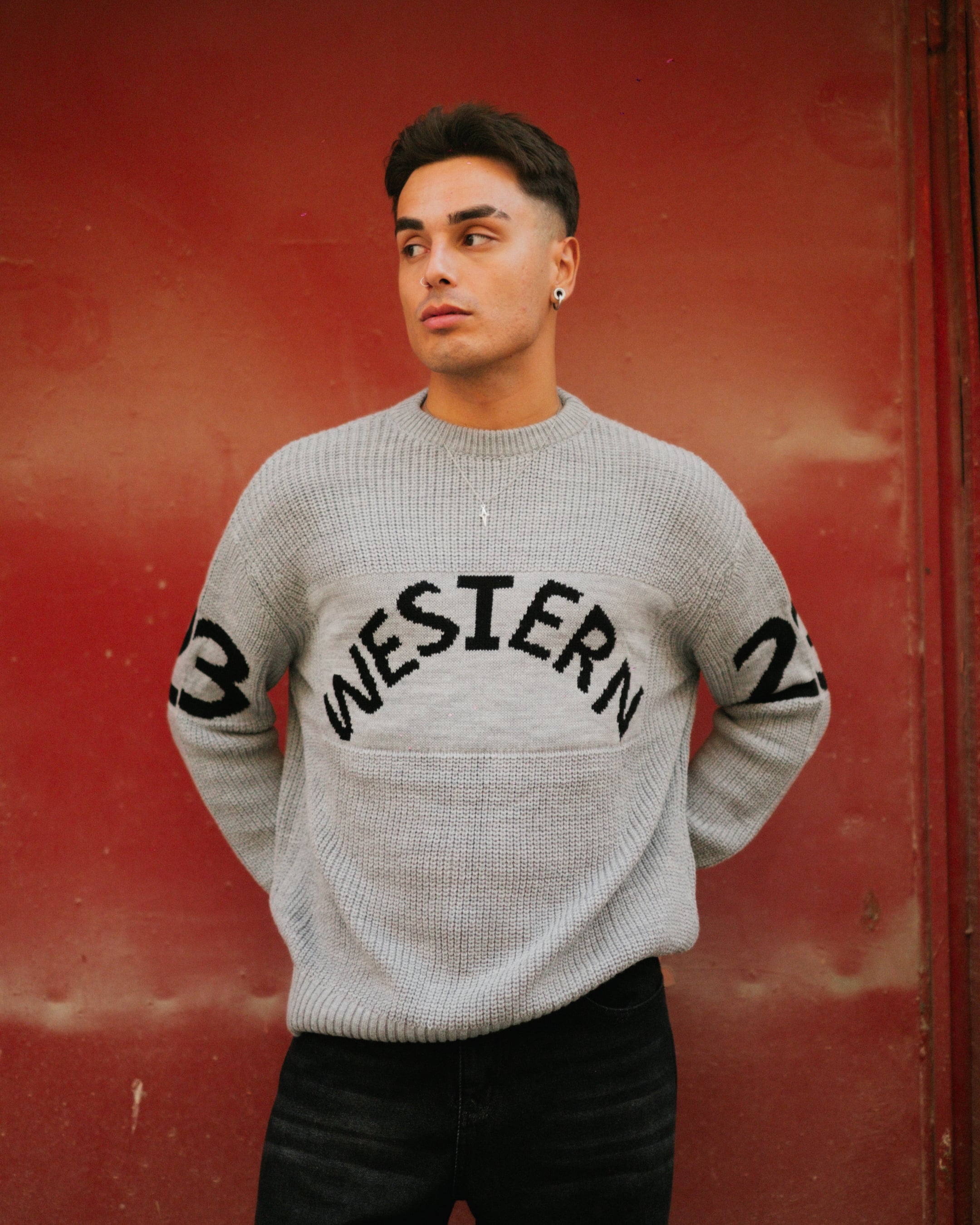 Gri Western Nakışlı Oversize Triko