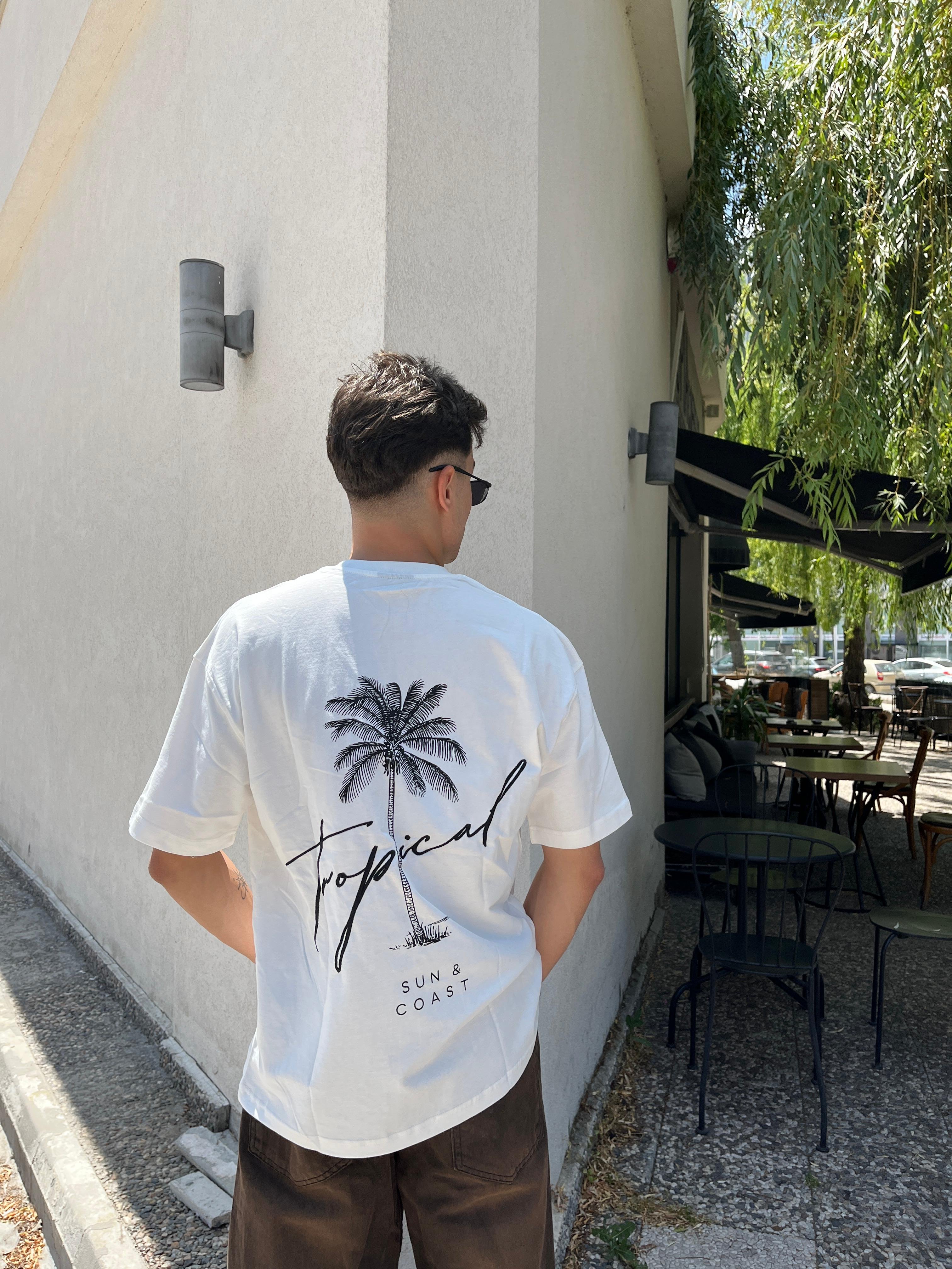 Tropical Printed Ovesize T-Shirt -Beyaz