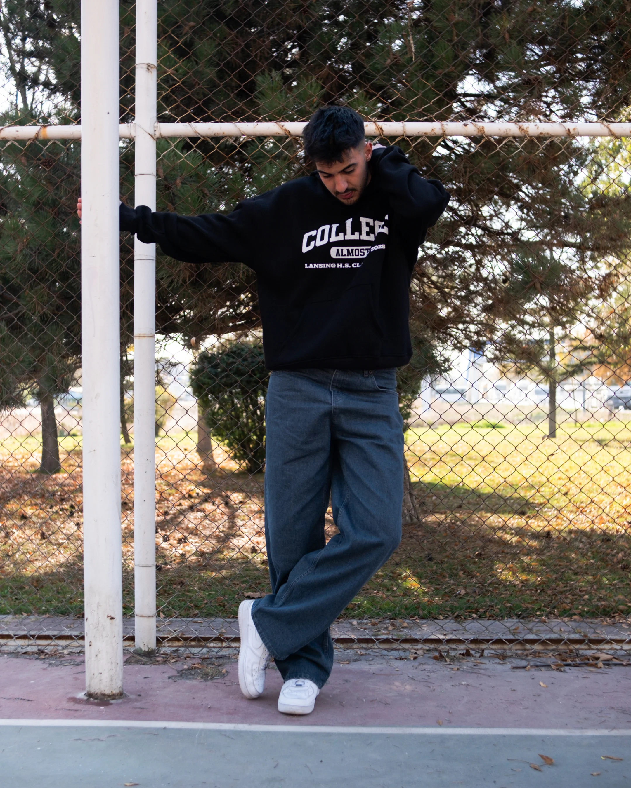 College Printed Oversized Hoodie Siyah