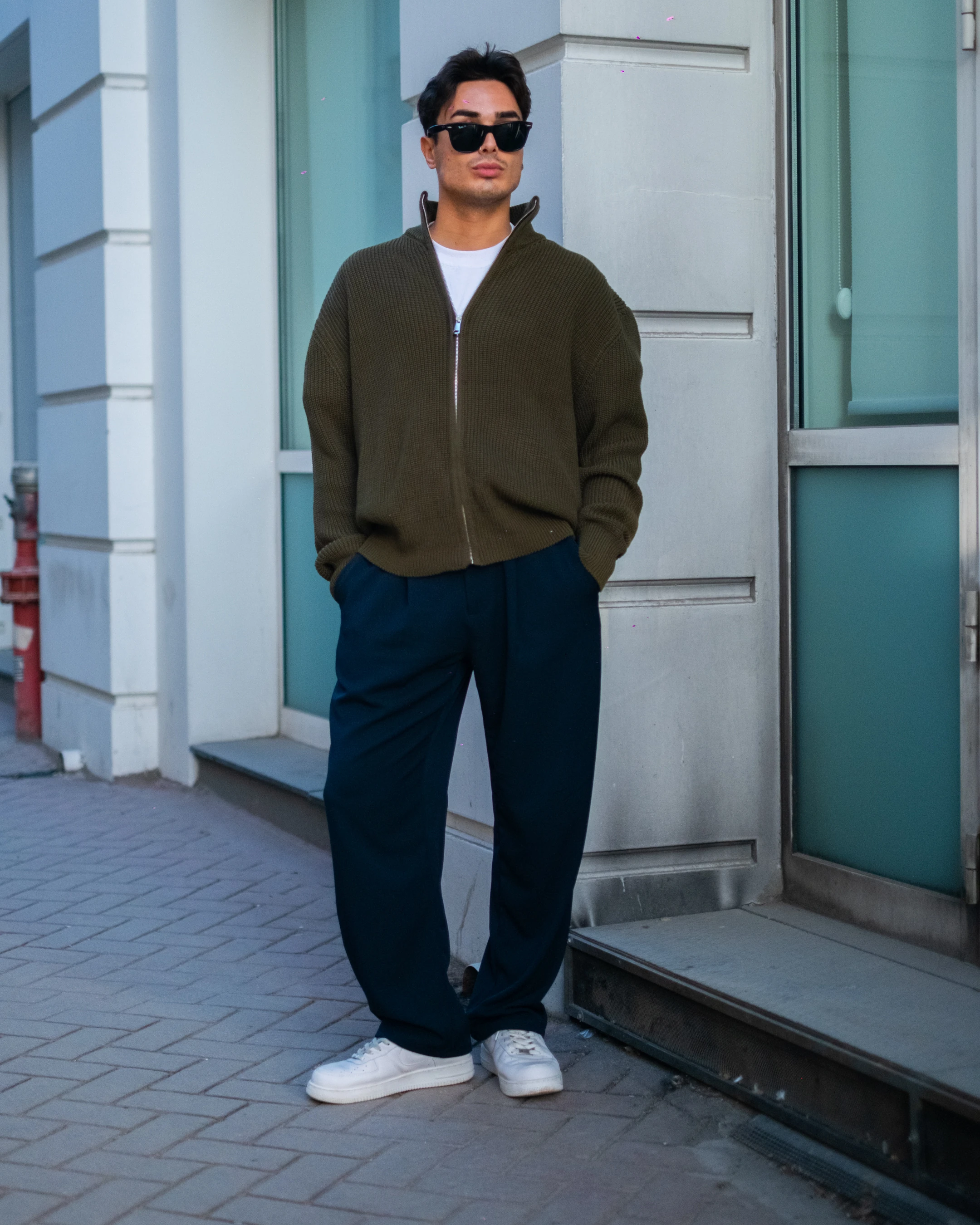 Haki Fermuarlı Oversize Triko