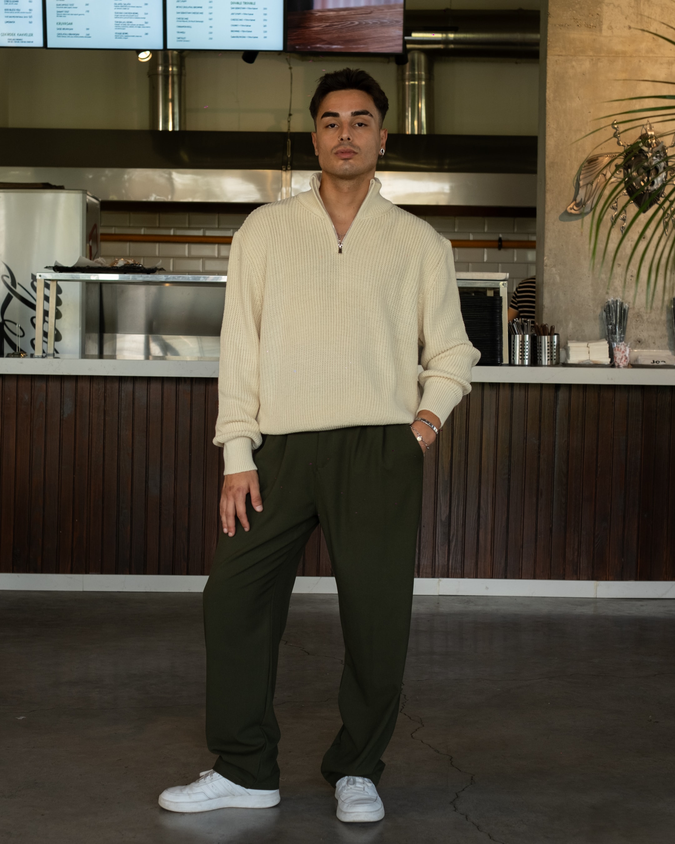 Krem Half Zip Oversize Triko